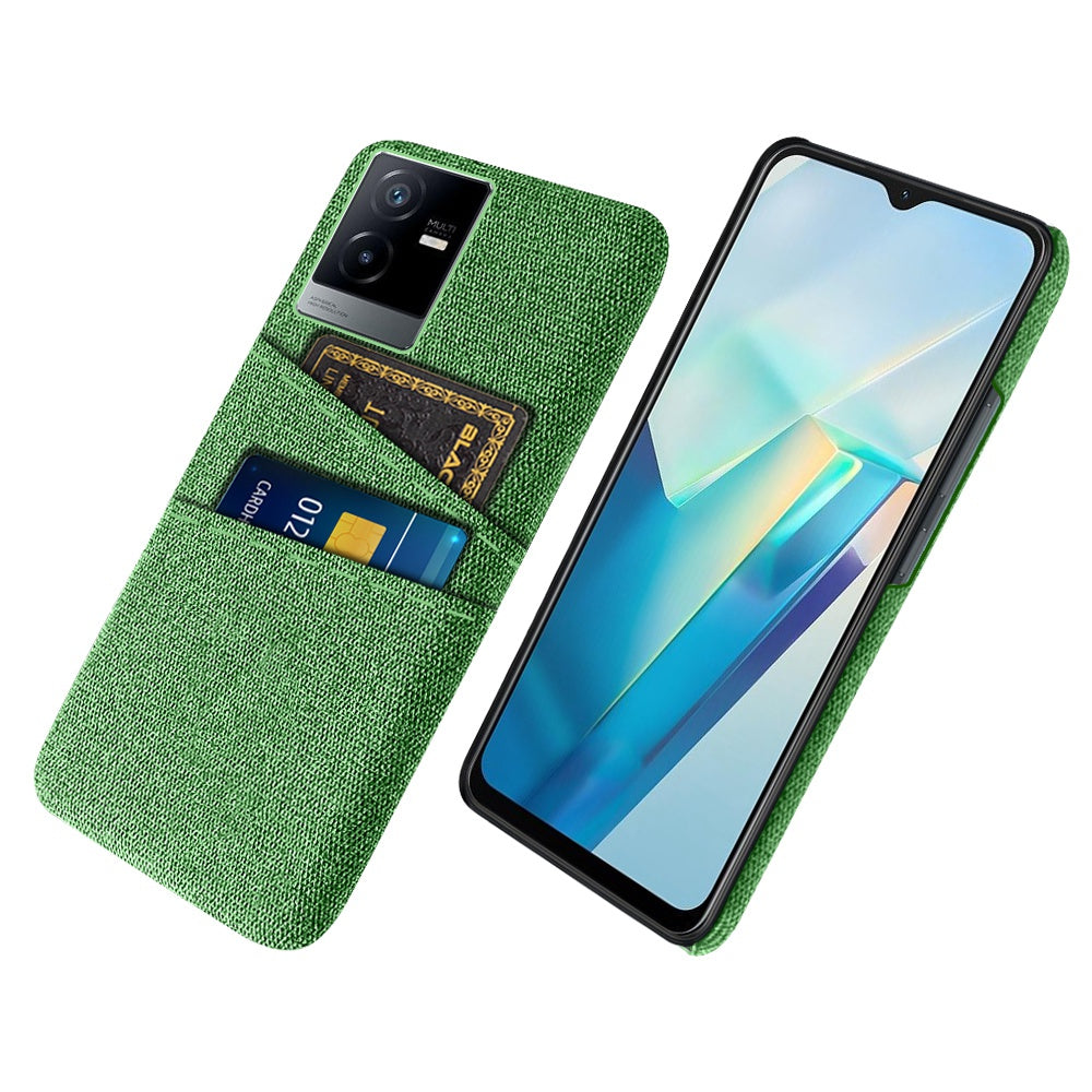 For vivo T2x 5G Cloth Texture Soft Touch Phone Case with Dual Card Slots Wear-resistant Protective Shell - Green