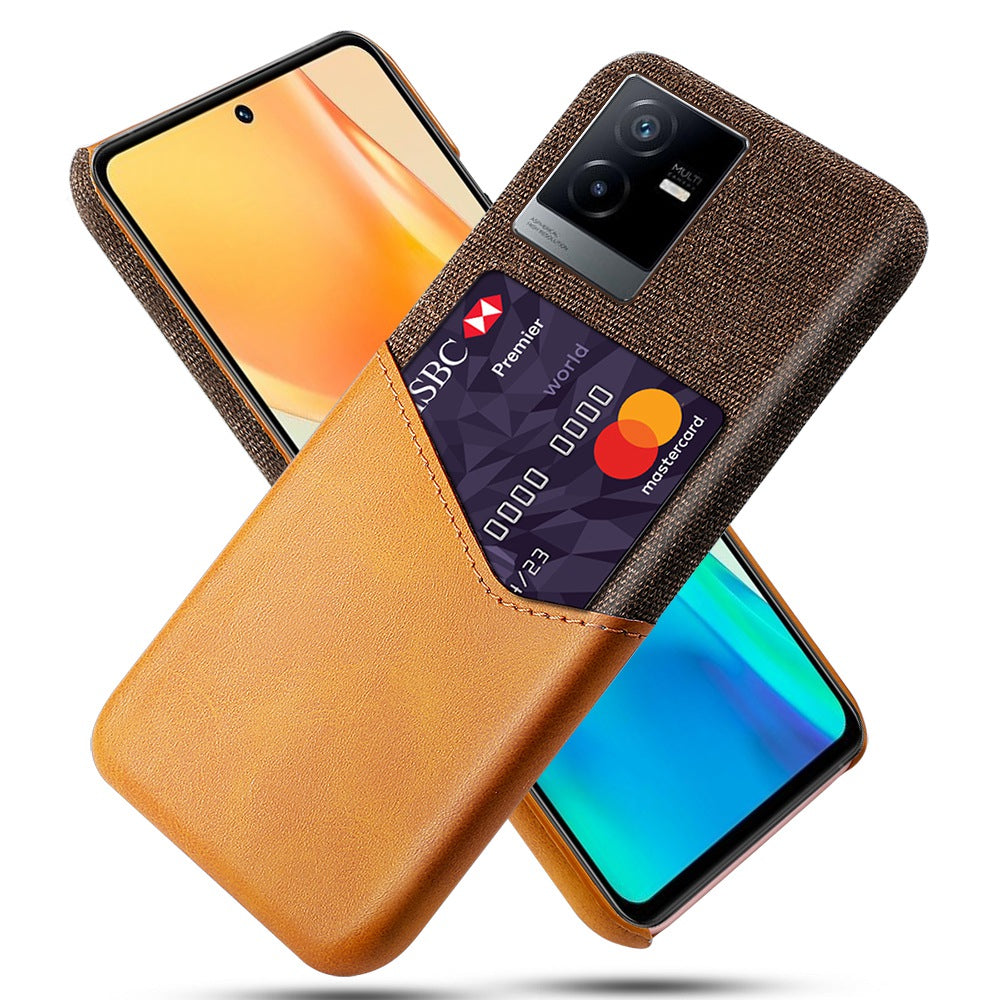 For vivo T2x 5G Scratch-resistant Phone Case Card Holder Cloth Texture PU Leather Coated PC Shell - Orange