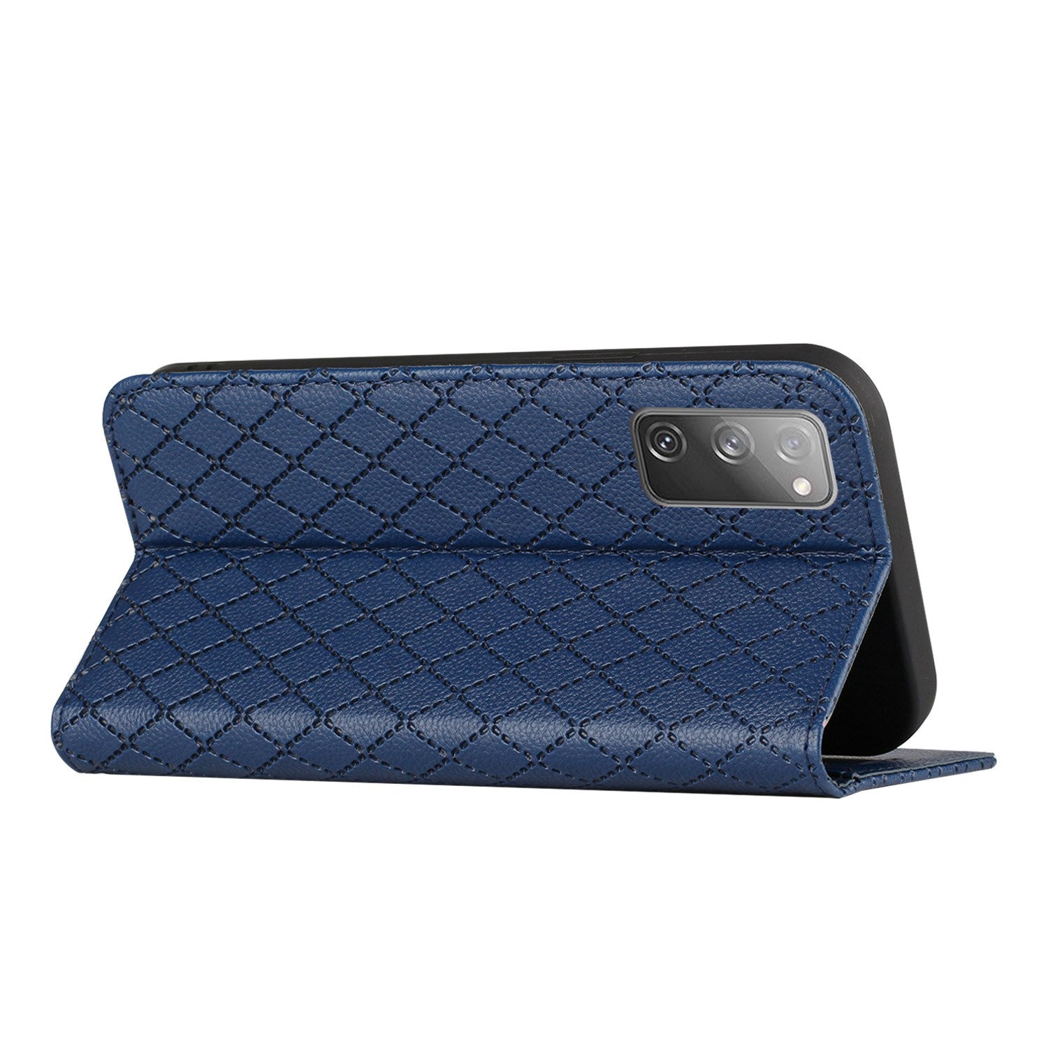 For Samsung Galaxy S20 FE 4G / FE 5G / S20 Lite / S20 FE 2022 Rhombus Embossing Litchi Texture RFID Blocking Phone Case PU Leather Stand Wallet Cover - Blue