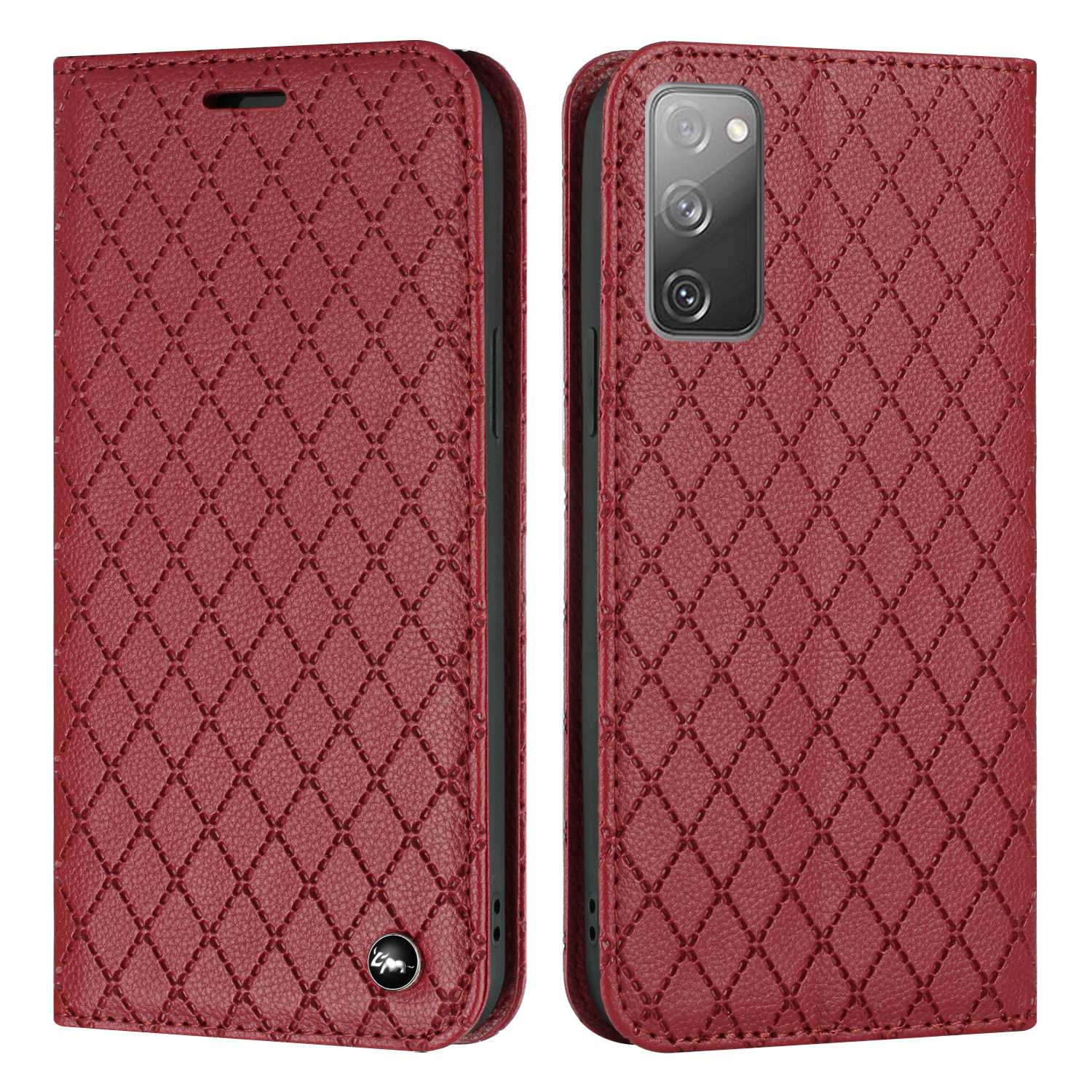 For Samsung Galaxy S20 FE 4G / FE 5G / S20 Lite / S20 FE 2022 Rhombus Embossing Litchi Texture RFID Blocking Phone Case PU Leather Stand Wallet Cover - Red