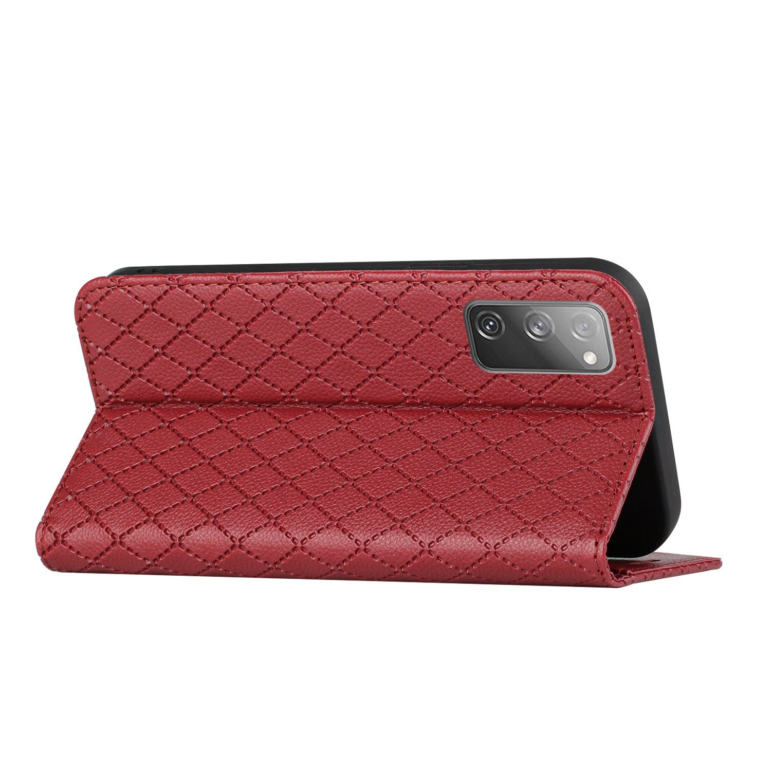 For Samsung Galaxy S20 FE 4G / FE 5G / S20 Lite / S20 FE 2022 Rhombus Embossing Litchi Texture RFID Blocking Phone Case PU Leather Stand Wallet Cover - Red