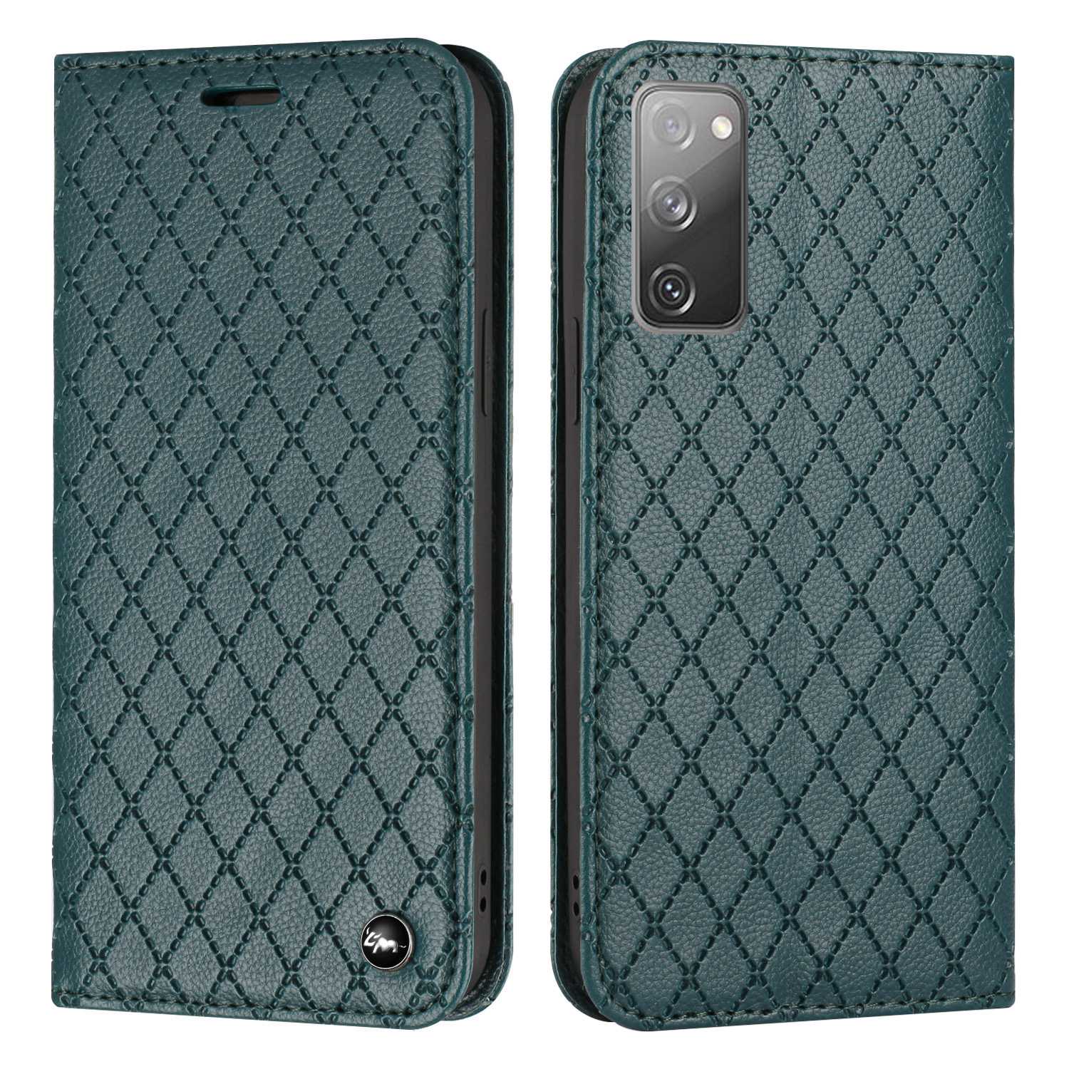 For Samsung Galaxy S20 FE 4G / FE 5G / S20 Lite / S20 FE 2022 Rhombus Embossing Litchi Texture RFID Blocking Phone Case PU Leather Stand Wallet Cover - Green