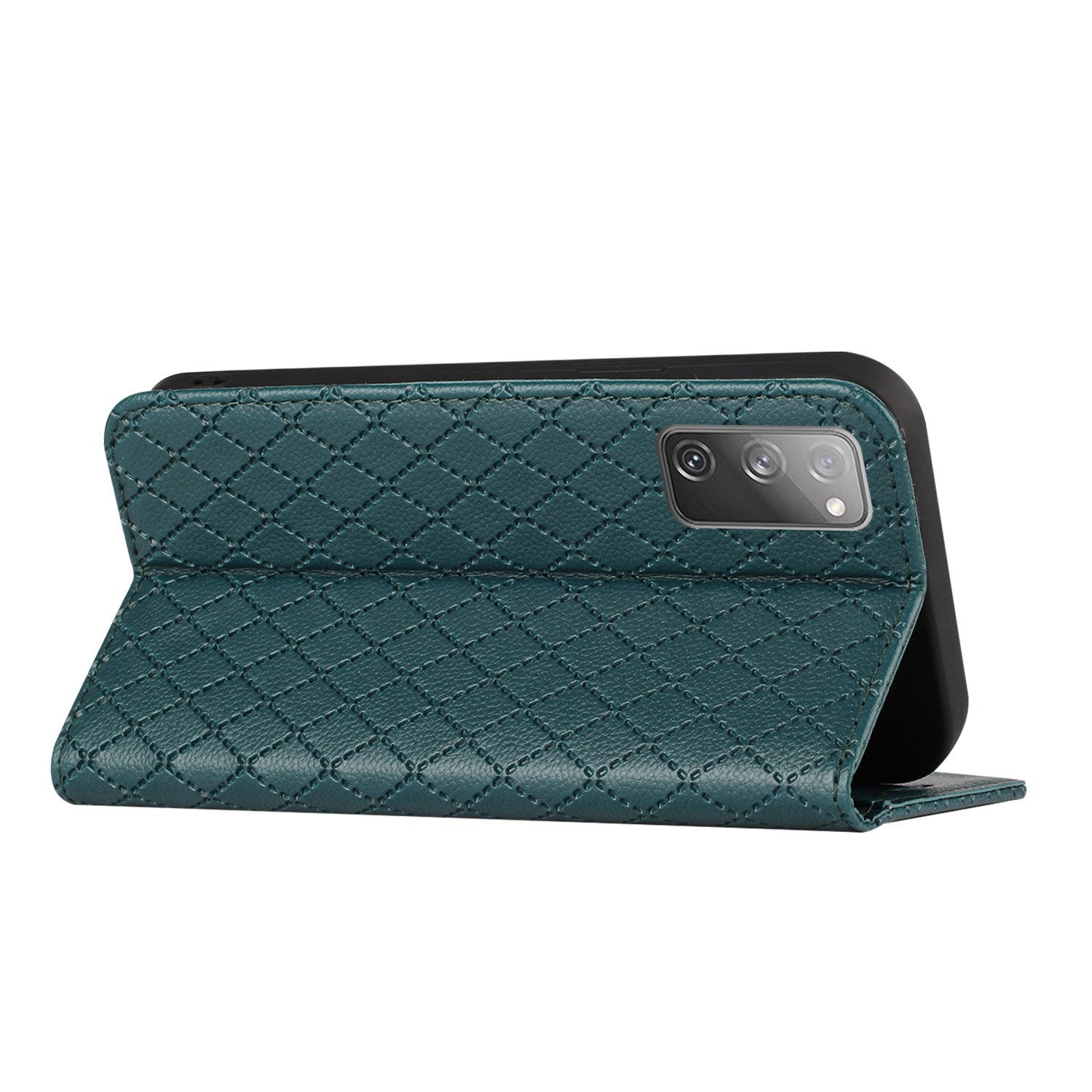 For Samsung Galaxy S20 FE 4G / FE 5G / S20 Lite / S20 FE 2022 Rhombus Embossing Litchi Texture RFID Blocking Phone Case PU Leather Stand Wallet Cover - Green