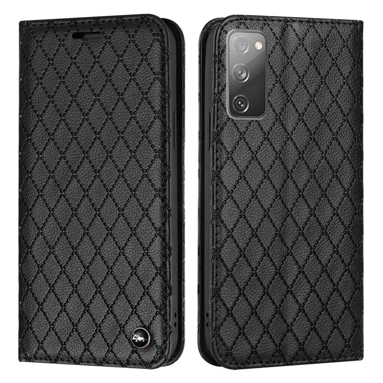 For Samsung Galaxy S20 FE 4G / FE 5G / S20 Lite / S20 FE 2022 Rhombus Embossing Litchi Texture RFID Blocking Phone Case PU Leather Stand Wallet Cover - Black