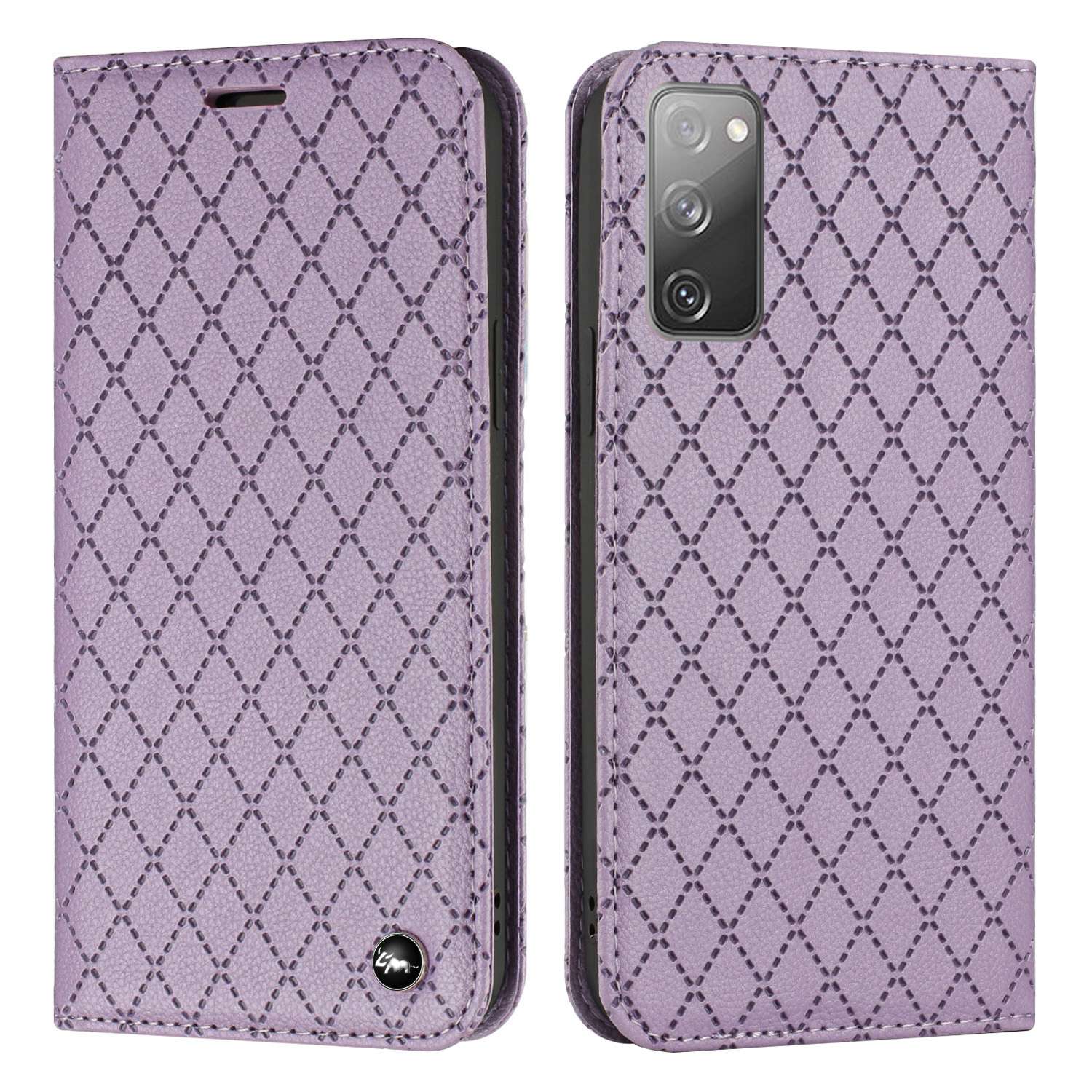 For Samsung Galaxy S20 FE 4G / FE 5G / S20 Lite / S20 FE 2022 Rhombus Embossing Litchi Texture RFID Blocking Phone Case PU Leather Stand Wallet Cover - Purple