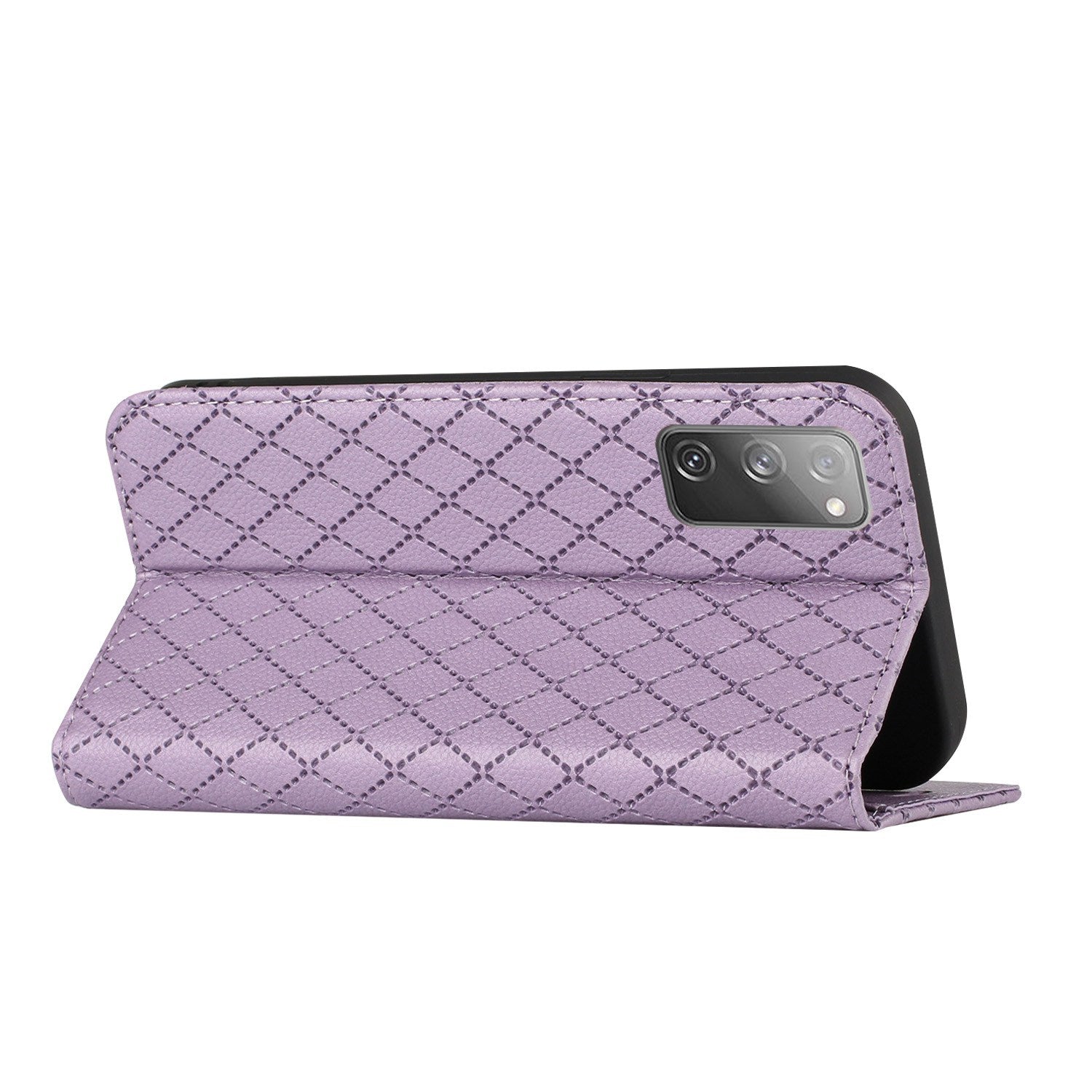 For Samsung Galaxy S20 FE 4G / FE 5G / S20 Lite / S20 FE 2022 Rhombus Embossing Litchi Texture RFID Blocking Phone Case PU Leather Stand Wallet Cover - Purple