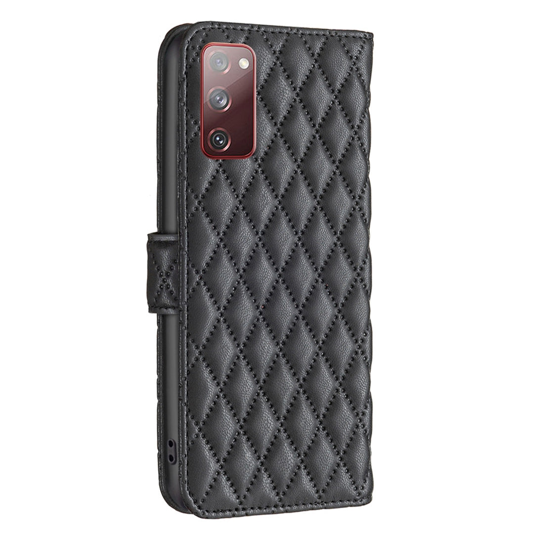 BINFEN COLOR For Samsung Galaxy S20 FE 4G / FE 5G / S20 Lite / S20 FE 2022 BF Style-14 Imprinted Rhombus Pattern PU Leather Wallet Cover Book Style Matte Phone Stand Case - Black