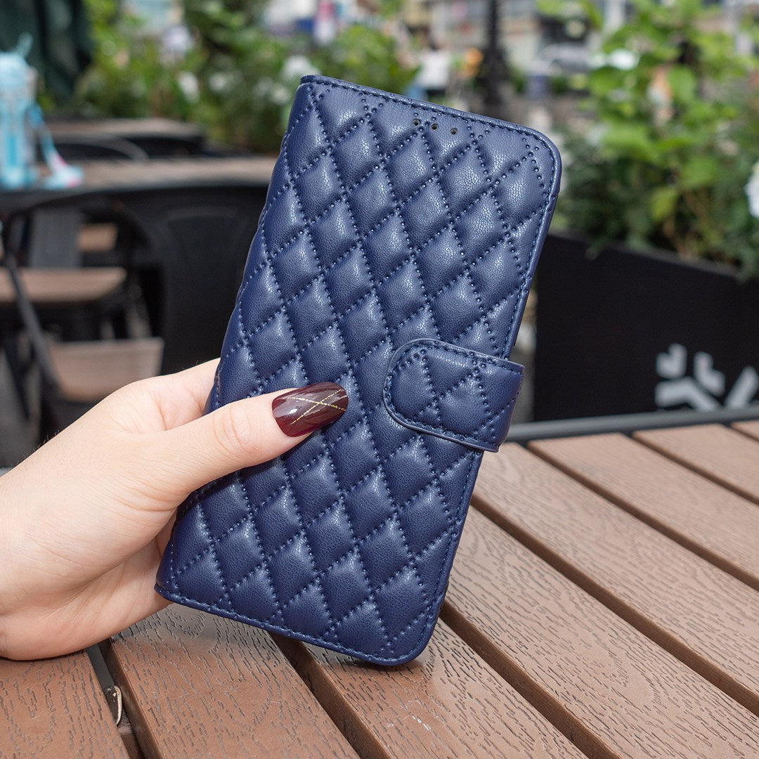 BINFEN COLOR For Samsung Galaxy S20 FE 4G / FE 5G / S20 Lite / S20 FE 2022 BF Style-14 Imprinted Rhombus Pattern PU Leather Wallet Cover Book Style Matte Phone Stand Case - Blue