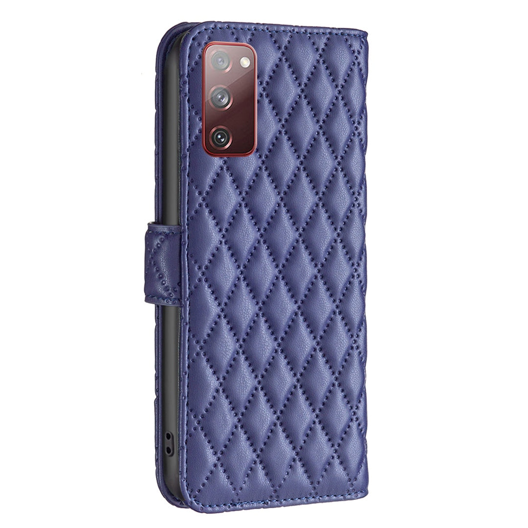 BINFEN COLOR For Samsung Galaxy S20 FE 4G / FE 5G / S20 Lite / S20 FE 2022 BF Style-14 Imprinted Rhombus Pattern PU Leather Wallet Cover Book Style Matte Phone Stand Case - Blue