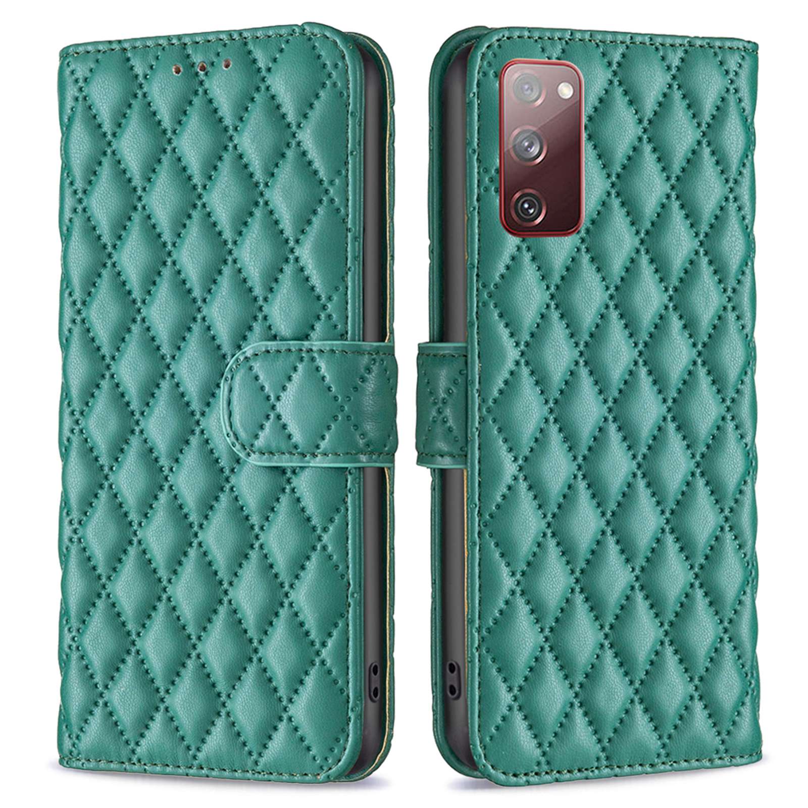 BINFEN COLOR For Samsung Galaxy S20 FE 4G / FE 5G / S20 Lite / S20 FE 2022 BF Style-14 Imprinted Rhombus Pattern PU Leather Wallet Cover Book Style Matte Phone Stand Case - Green