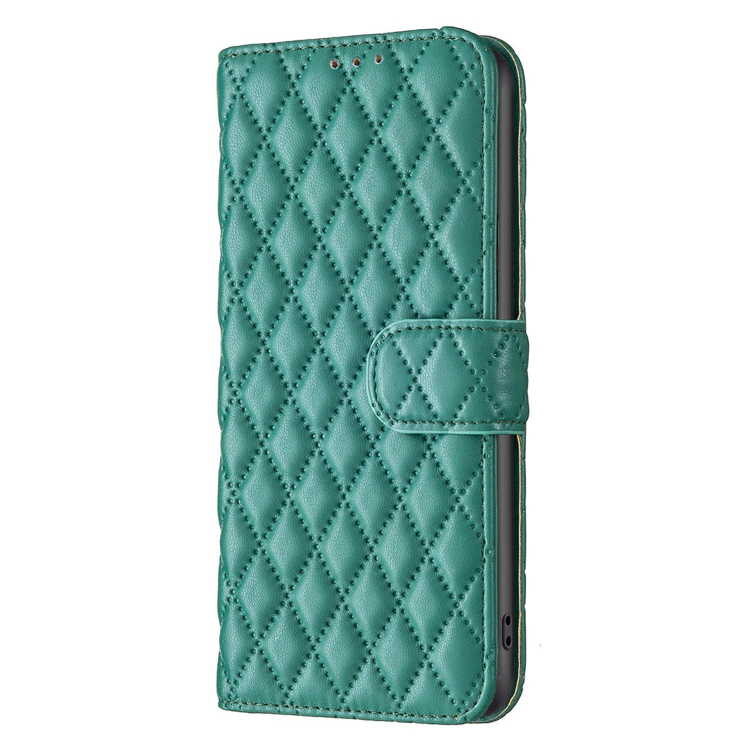 BINFEN COLOR For Samsung Galaxy S20 FE 4G / FE 5G / S20 Lite / S20 FE 2022 BF Style-14 Imprinted Rhombus Pattern PU Leather Wallet Cover Book Style Matte Phone Stand Case - Green