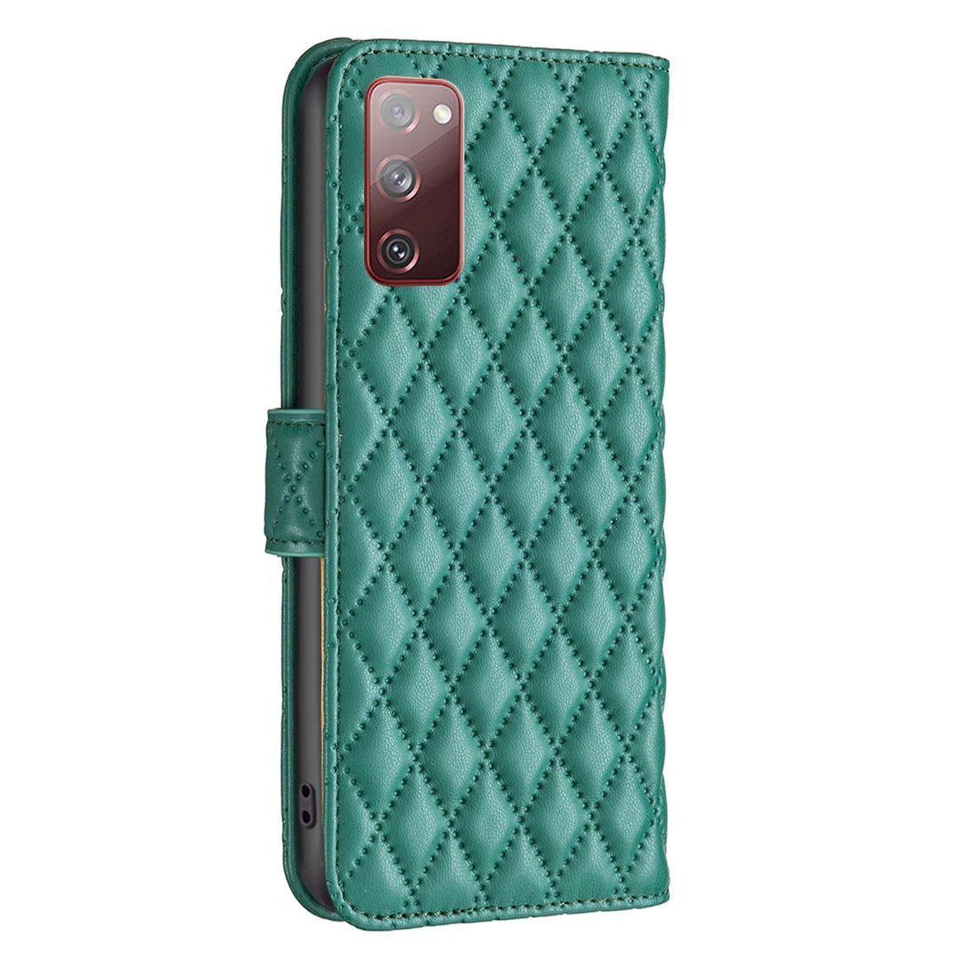 BINFEN COLOR For Samsung Galaxy S20 FE 4G / FE 5G / S20 Lite / S20 FE 2022 BF Style-14 Imprinted Rhombus Pattern PU Leather Wallet Cover Book Style Matte Phone Stand Case - Green