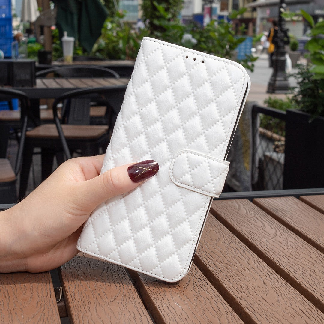 BINFEN COLOR For Samsung Galaxy S20 FE 4G / FE 5G / S20 Lite / S20 FE 2022 BF Style-14 Imprinted Rhombus Pattern PU Leather Wallet Cover Book Style Matte Phone Stand Case - White