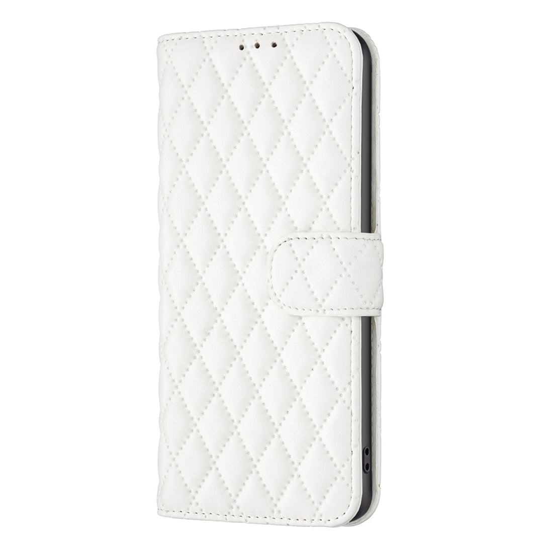 BINFEN COLOR For Samsung Galaxy S20 FE 4G / FE 5G / S20 Lite / S20 FE 2022 BF Style-14 Imprinted Rhombus Pattern PU Leather Wallet Cover Book Style Matte Phone Stand Case - White