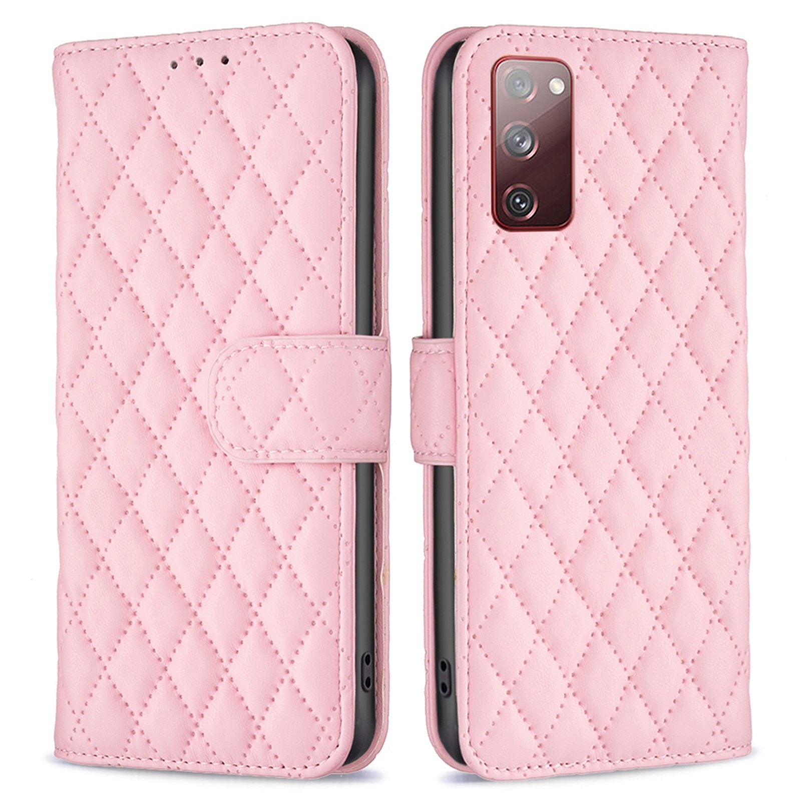 BINFEN COLOR For Samsung Galaxy S20 FE 4G / FE 5G / S20 Lite / S20 FE 2022 BF Style-14 Imprinted Rhombus Pattern PU Leather Wallet Cover Book Style Matte Phone Stand Case - Pink