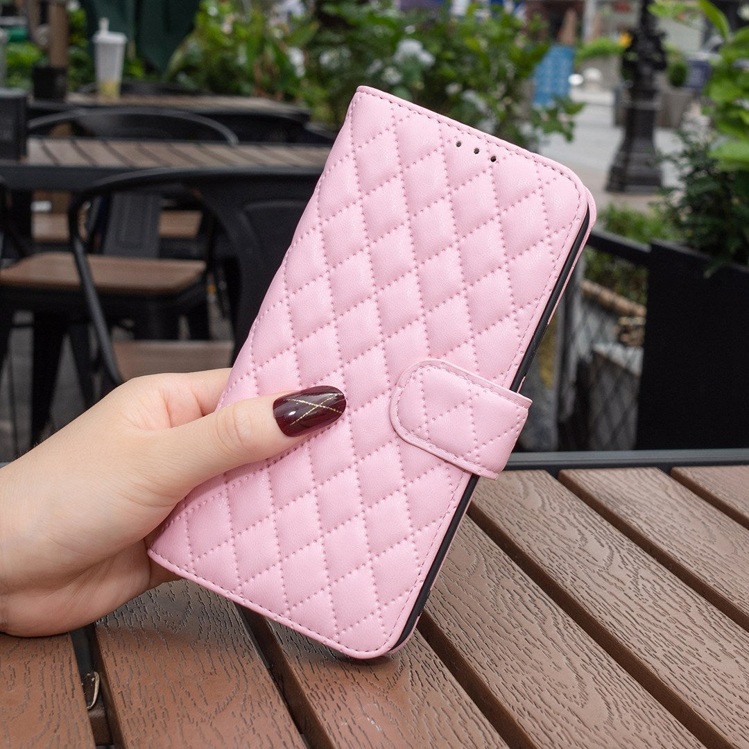 BINFEN COLOR For Samsung Galaxy S20 FE 4G / FE 5G / S20 Lite / S20 FE 2022 BF Style-14 Imprinted Rhombus Pattern PU Leather Wallet Cover Book Style Matte Phone Stand Case - Pink