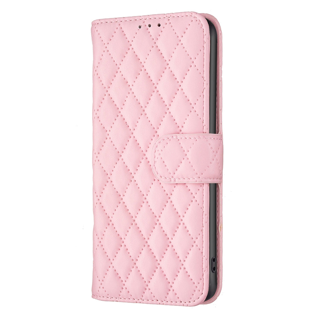 BINFEN COLOR For Samsung Galaxy S20 FE 4G / FE 5G / S20 Lite / S20 FE 2022 BF Style-14 Imprinted Rhombus Pattern PU Leather Wallet Cover Book Style Matte Phone Stand Case - Pink