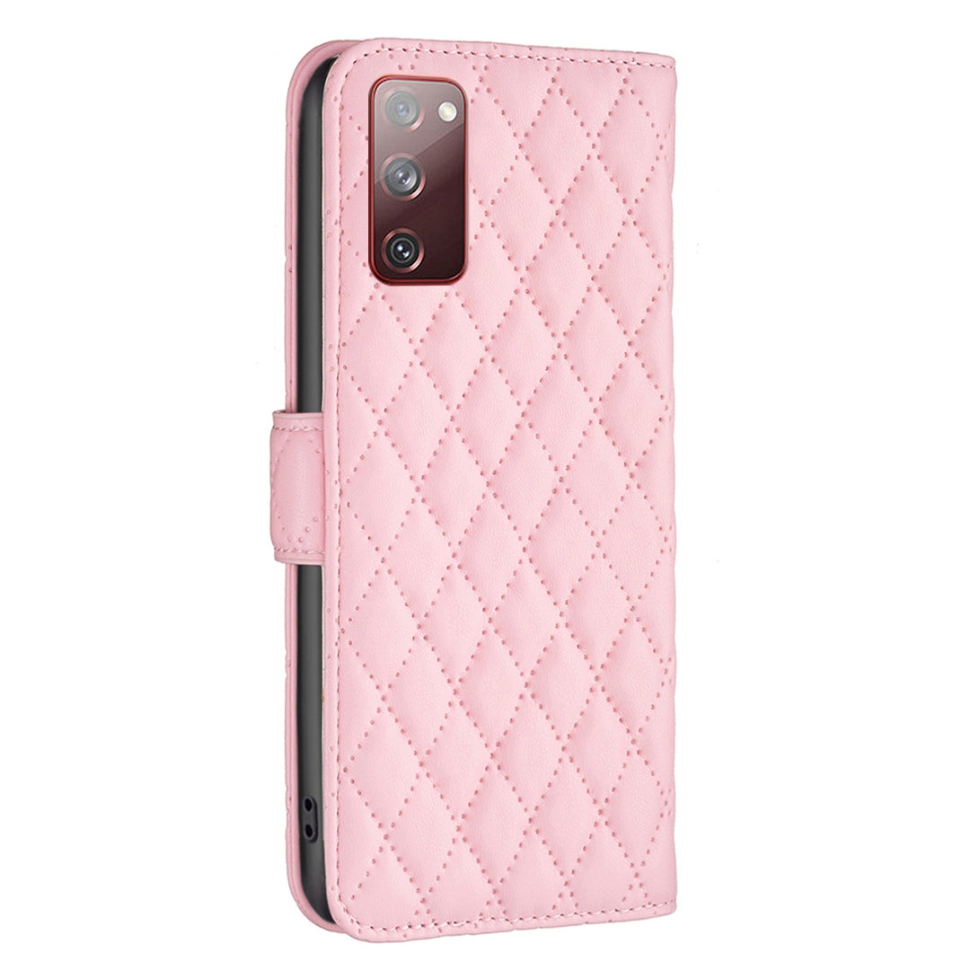 BINFEN COLOR For Samsung Galaxy S20 FE 4G / FE 5G / S20 Lite / S20 FE 2022 BF Style-14 Imprinted Rhombus Pattern PU Leather Wallet Cover Book Style Matte Phone Stand Case - Pink