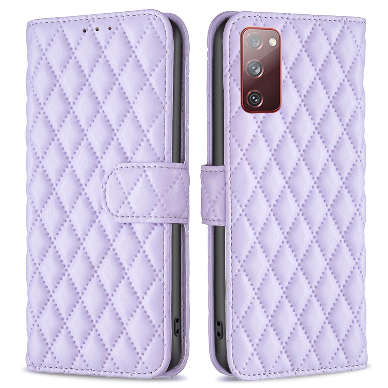 BINFEN COLOR For Samsung Galaxy S20 FE 4G / FE 5G / S20 Lite / S20 FE 2022 BF Style-14 Imprinted Rhombus Pattern PU Leather Wallet Cover Book Style Matte Phone Stand Case - Purple