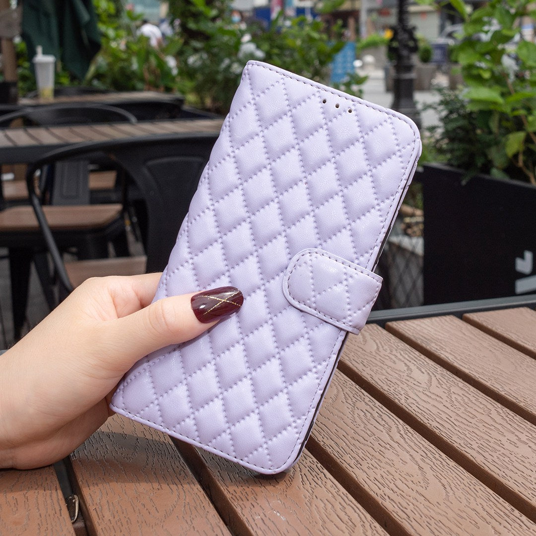 BINFEN COLOR For Samsung Galaxy S20 FE 4G / FE 5G / S20 Lite / S20 FE 2022 BF Style-14 Imprinted Rhombus Pattern PU Leather Wallet Cover Book Style Matte Phone Stand Case - Purple