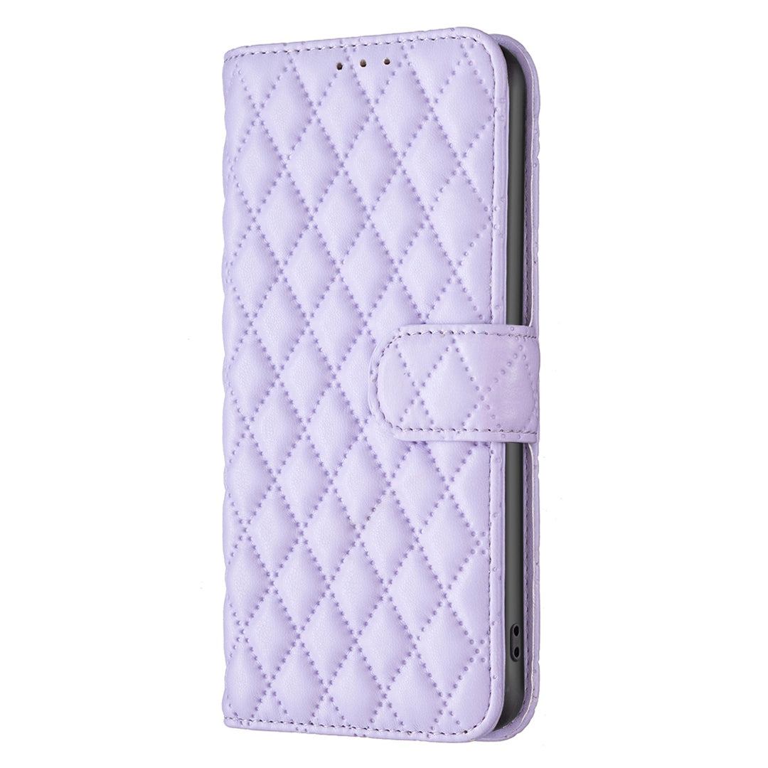 BINFEN COLOR For Samsung Galaxy S20 FE 4G / FE 5G / S20 Lite / S20 FE 2022 BF Style-14 Imprinted Rhombus Pattern PU Leather Wallet Cover Book Style Matte Phone Stand Case - Purple