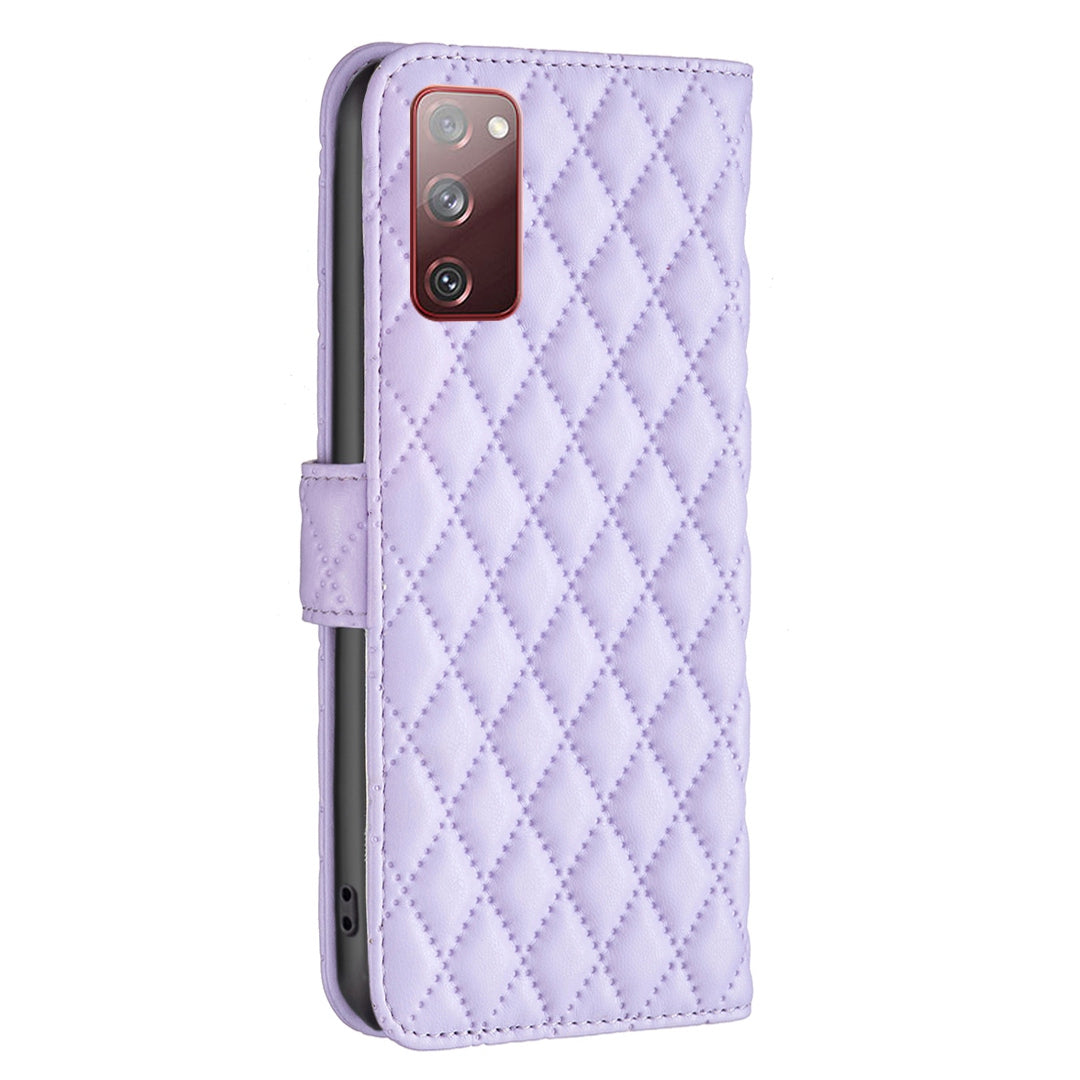 BINFEN COLOR For Samsung Galaxy S20 FE 4G / FE 5G / S20 Lite / S20 FE 2022 BF Style-14 Imprinted Rhombus Pattern PU Leather Wallet Cover Book Style Matte Phone Stand Case - Purple