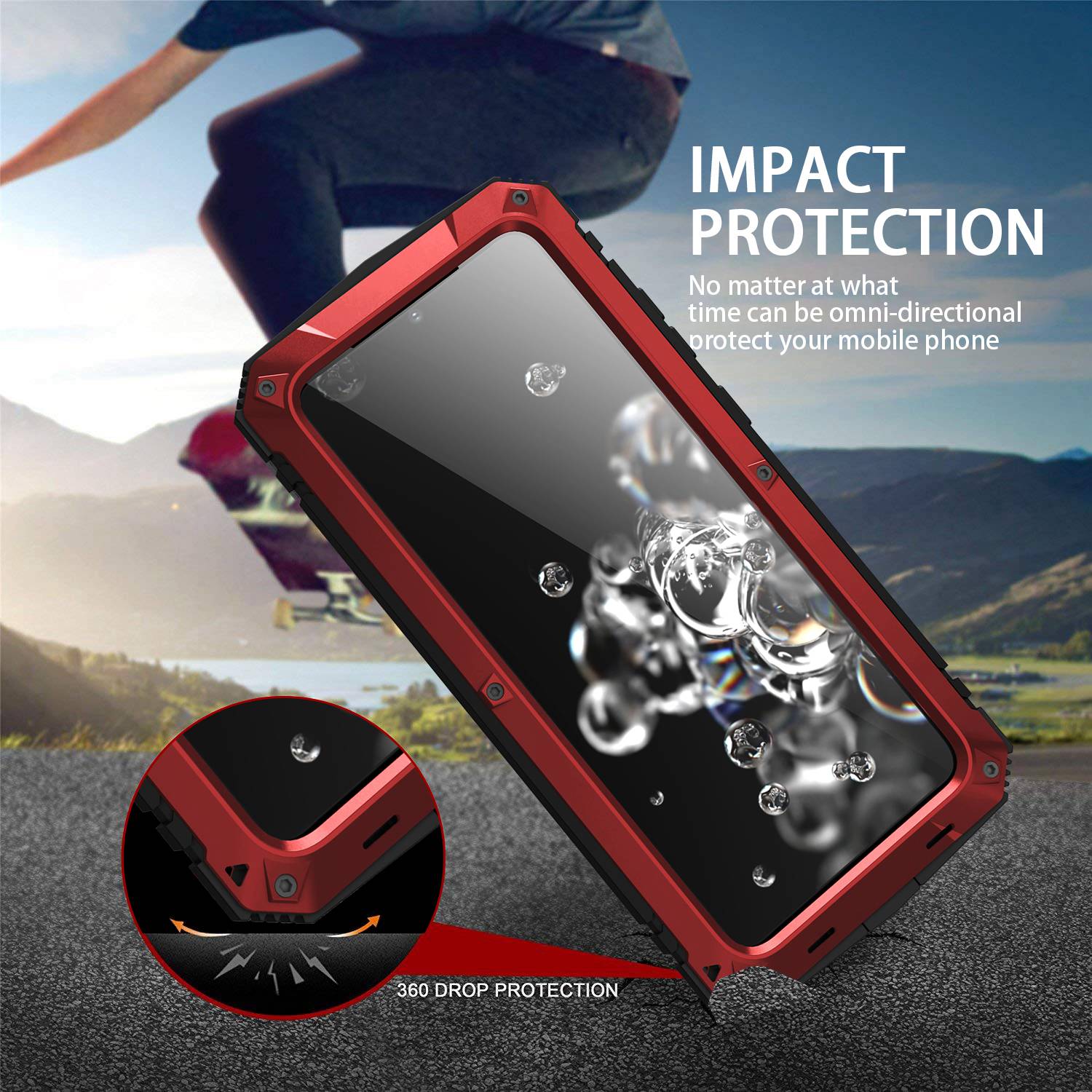 R-JUST For Samsung Galaxy S20 Ultra Metal + Silicone + PC Phone Case Kickstand Full Cover Shell with Tempered Glass Film - Red