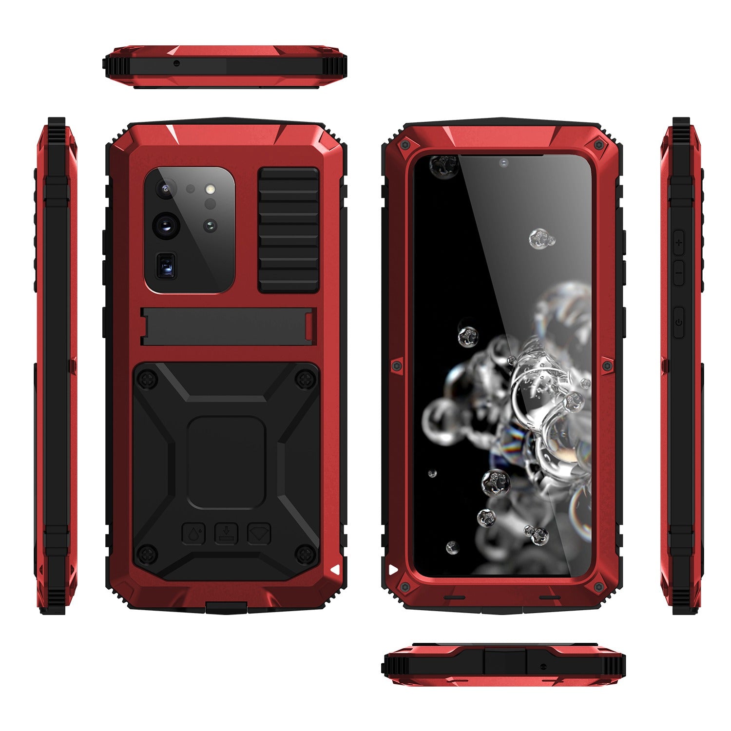 R-JUST For Samsung Galaxy S20 Ultra Metal + Silicone + PC Phone Case Kickstand Full Cover Shell with Tempered Glass Film - Red