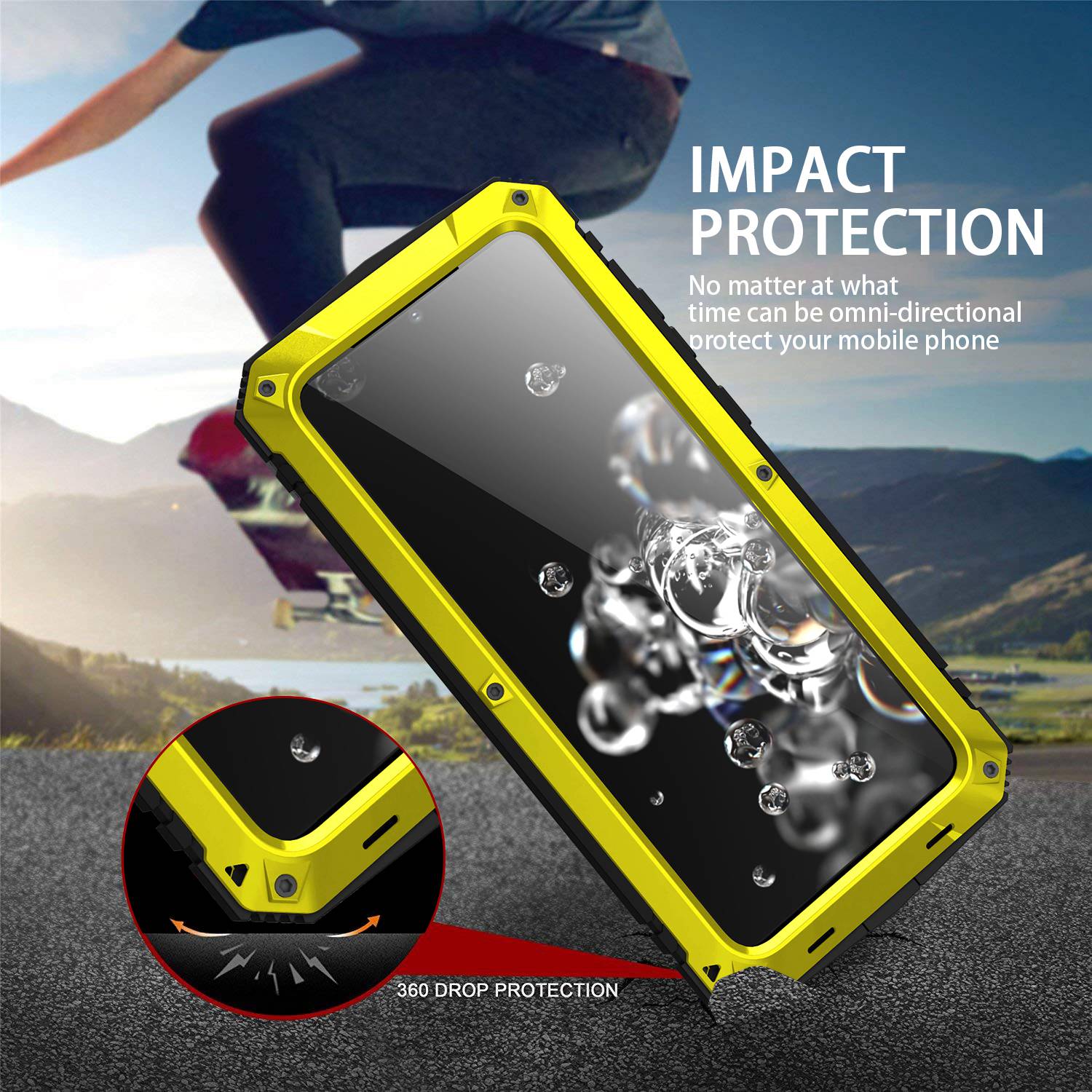 R-JUST For Samsung Galaxy S20 Ultra Metal + Silicone + PC Phone Case Kickstand Full Cover Shell with Tempered Glass Film - Yellow