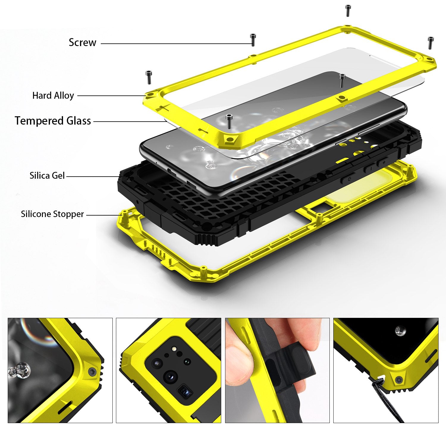 R-JUST For Samsung Galaxy S20 Ultra Metal + Silicone + PC Phone Case Kickstand Full Cover Shell with Tempered Glass Film - Yellow