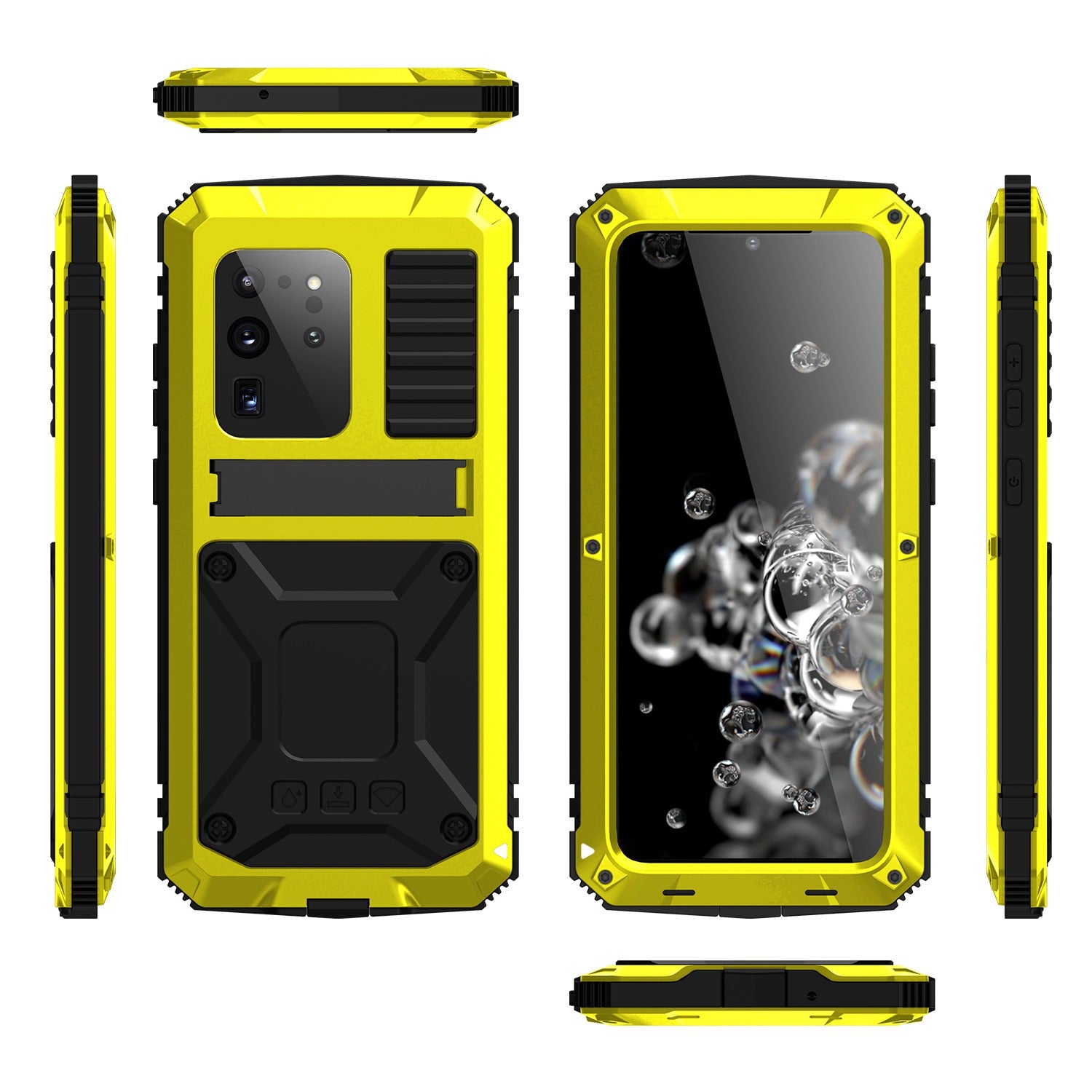 R-JUST For Samsung Galaxy S20 Ultra Metal + Silicone + PC Phone Case Kickstand Full Cover Shell with Tempered Glass Film - Yellow