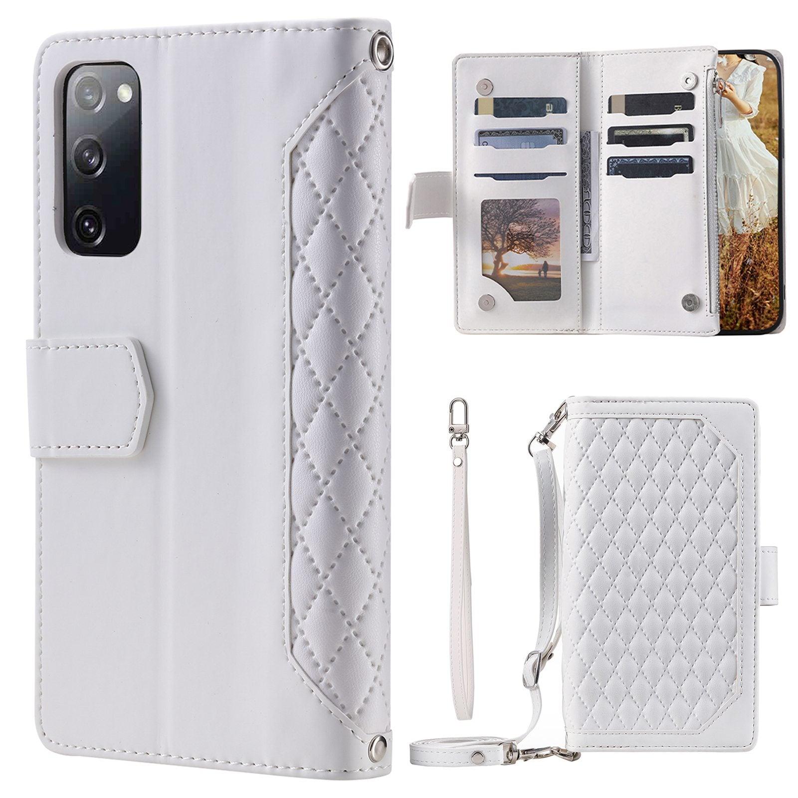 005 Style For Samsung Galaxy S20 FE 4G / 5G / S20 FE 2022 / S20 Lite, PU Leather Anti-scratch Rhombus Texture Phone Case Zipper Pocket Wallet Stand Cover with Lanyard / Strap - White