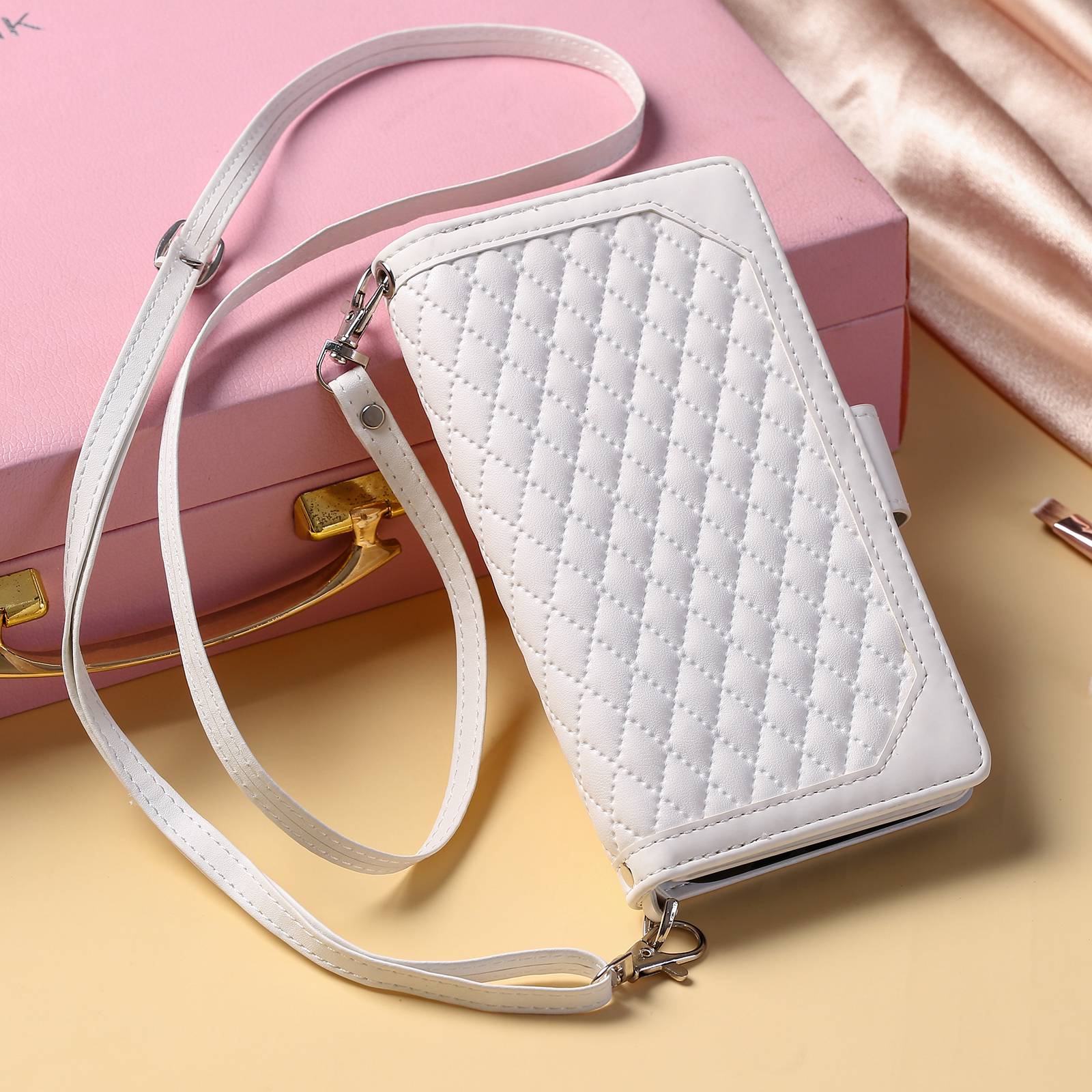 005 Style For Samsung Galaxy S20 FE 4G / 5G / S20 FE 2022 / S20 Lite, PU Leather Anti-scratch Rhombus Texture Phone Case Zipper Pocket Wallet Stand Cover with Lanyard / Strap - White