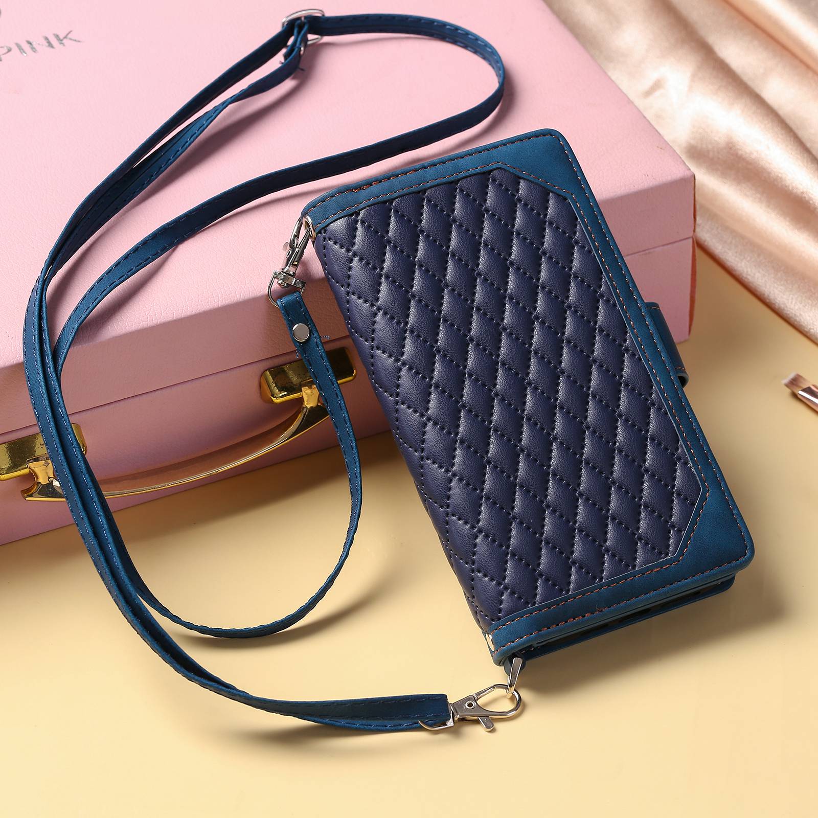 005 Style For Samsung Galaxy S20 FE 4G / 5G / S20 FE 2022 / S20 Lite, PU Leather Anti-scratch Rhombus Texture Phone Case Zipper Pocket Wallet Stand Cover with Lanyard / Strap - Blue