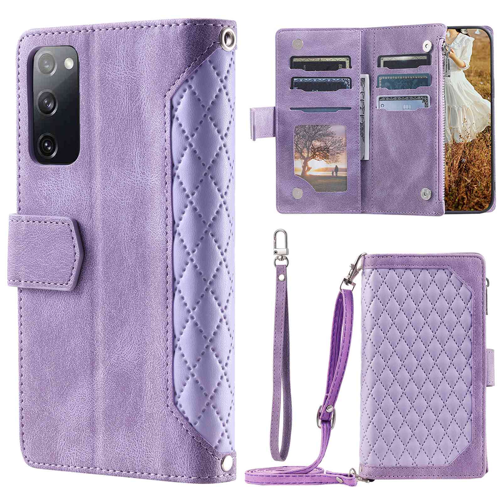 005 Style For Samsung Galaxy S20 FE 4G / 5G / S20 FE 2022 / S20 Lite, PU Leather Anti-scratch Rhombus Texture Phone Case Zipper Pocket Wallet Stand Cover with Lanyard / Strap - Purple