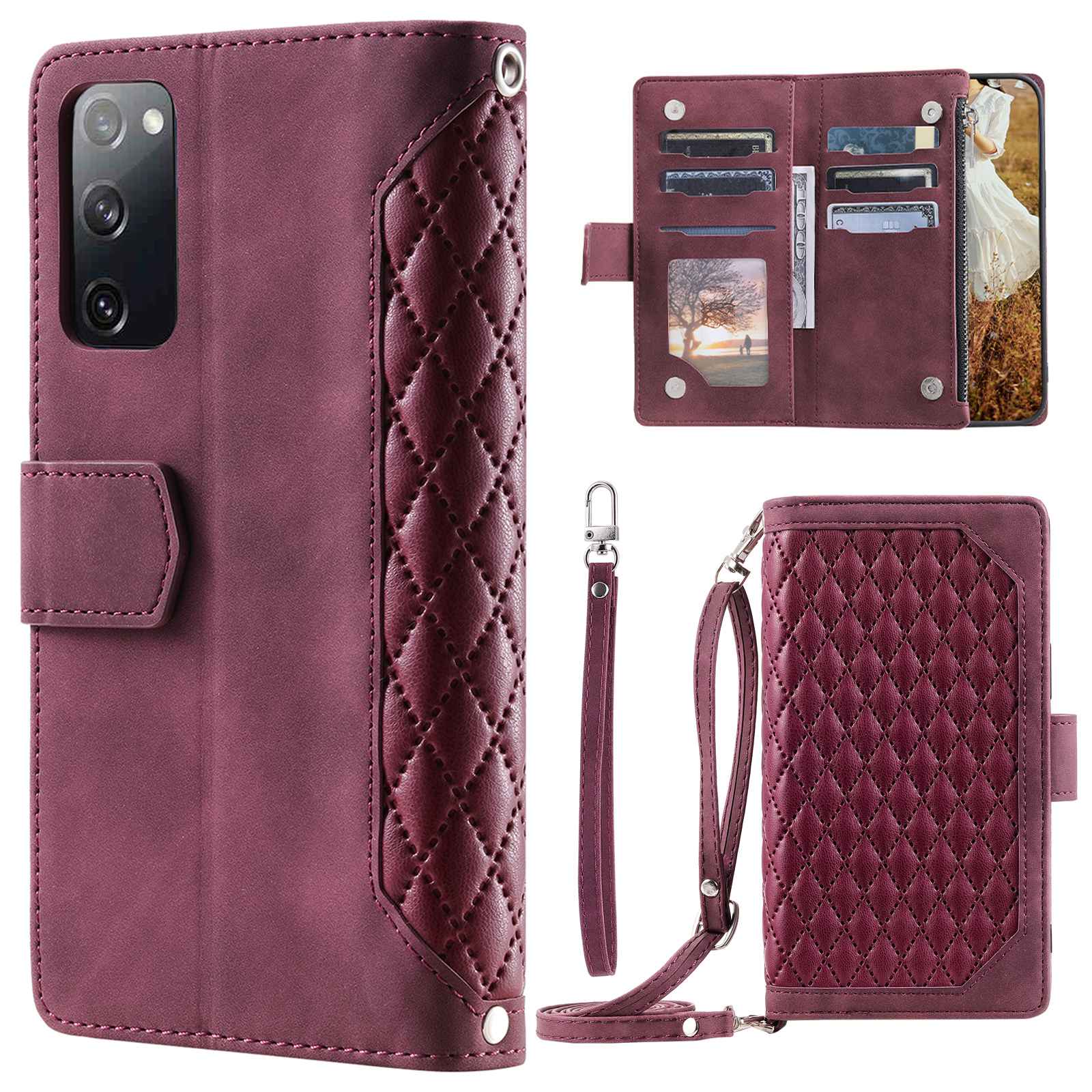 005 Style For Samsung Galaxy S20 FE 4G / 5G / S20 FE 2022 / S20 Lite, PU Leather Anti-scratch Rhombus Texture Phone Case Zipper Pocket Wallet Stand Cover with Lanyard / Strap - Wine Red