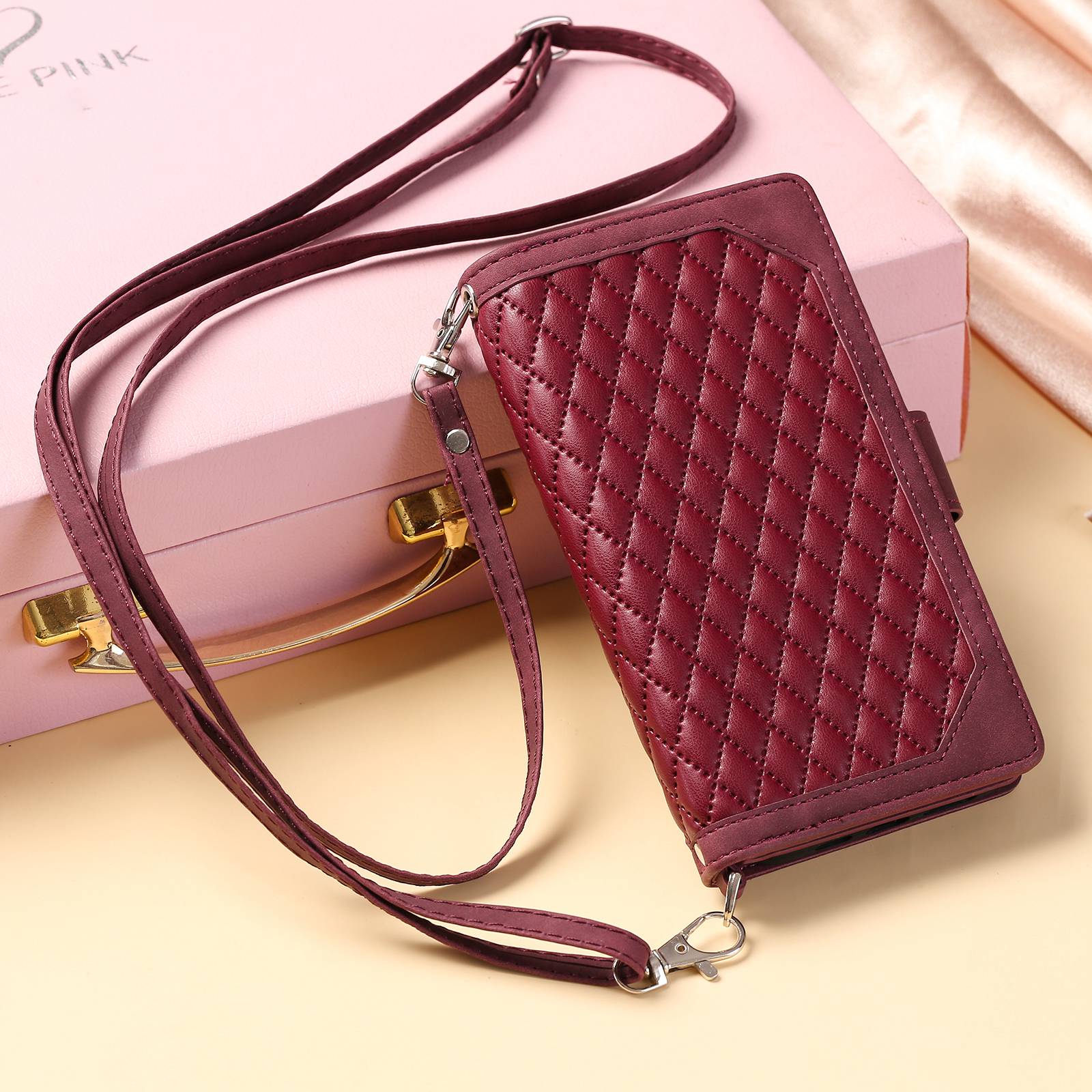 005 Style For Samsung Galaxy S20 FE 4G / 5G / S20 FE 2022 / S20 Lite, PU Leather Anti-scratch Rhombus Texture Phone Case Zipper Pocket Wallet Stand Cover with Lanyard / Strap - Wine Red