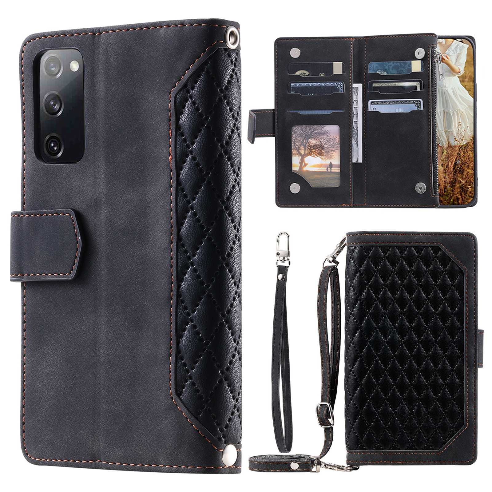 005 Style For Samsung Galaxy S20 FE 4G / 5G / S20 FE 2022 / S20 Lite, PU Leather Anti-scratch Rhombus Texture Phone Case Zipper Pocket Wallet Stand Cover with Lanyard / Strap - Black