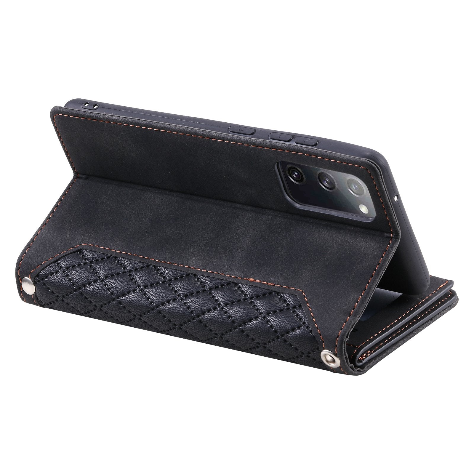 005 Style For Samsung Galaxy S20 FE 4G / 5G / S20 FE 2022 / S20 Lite, PU Leather Anti-scratch Rhombus Texture Phone Case Zipper Pocket Wallet Stand Cover with Lanyard / Strap - Black