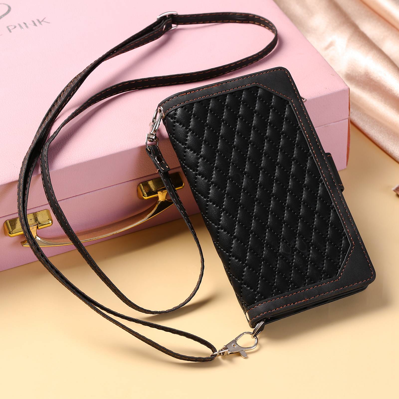 005 Style For Samsung Galaxy S20 FE 4G / 5G / S20 FE 2022 / S20 Lite, PU Leather Anti-scratch Rhombus Texture Phone Case Zipper Pocket Wallet Stand Cover with Lanyard / Strap - Black