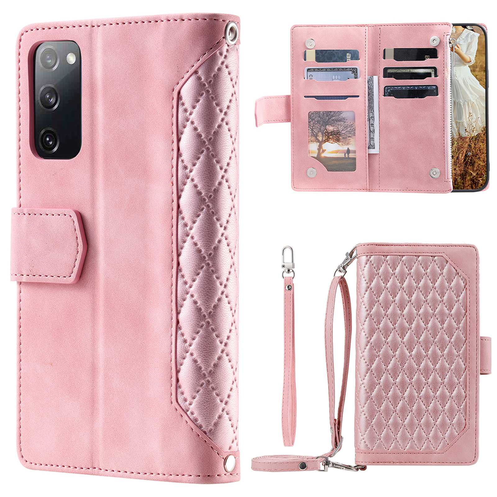 005 Style For Samsung Galaxy S20 FE 4G / 5G / S20 FE 2022 / S20 Lite, PU Leather Anti-scratch Rhombus Texture Phone Case Zipper Pocket Wallet Stand Cover with Lanyard / Strap - Pink