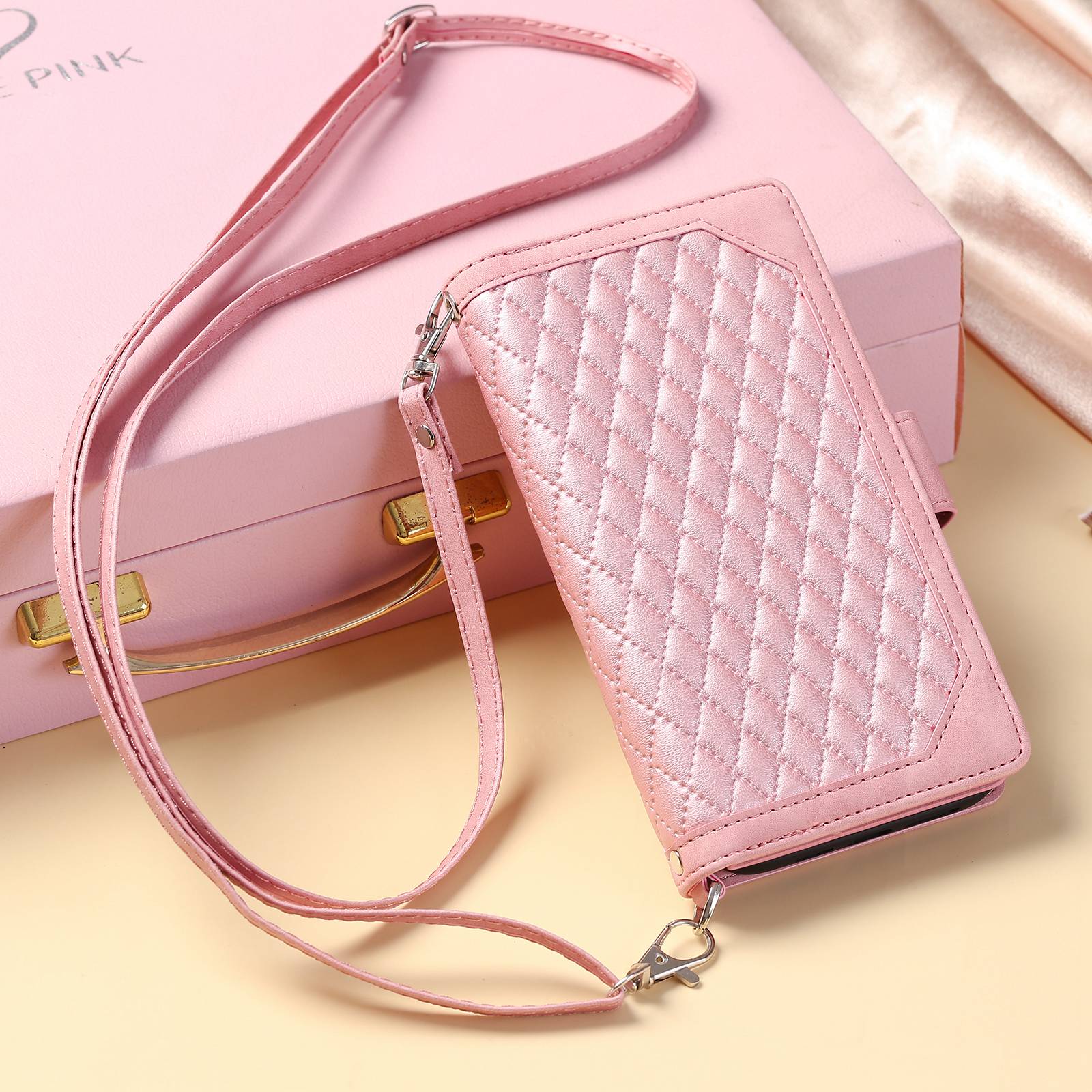 005 Style For Samsung Galaxy S20 FE 4G / 5G / S20 FE 2022 / S20 Lite, PU Leather Anti-scratch Rhombus Texture Phone Case Zipper Pocket Wallet Stand Cover with Lanyard / Strap - Pink