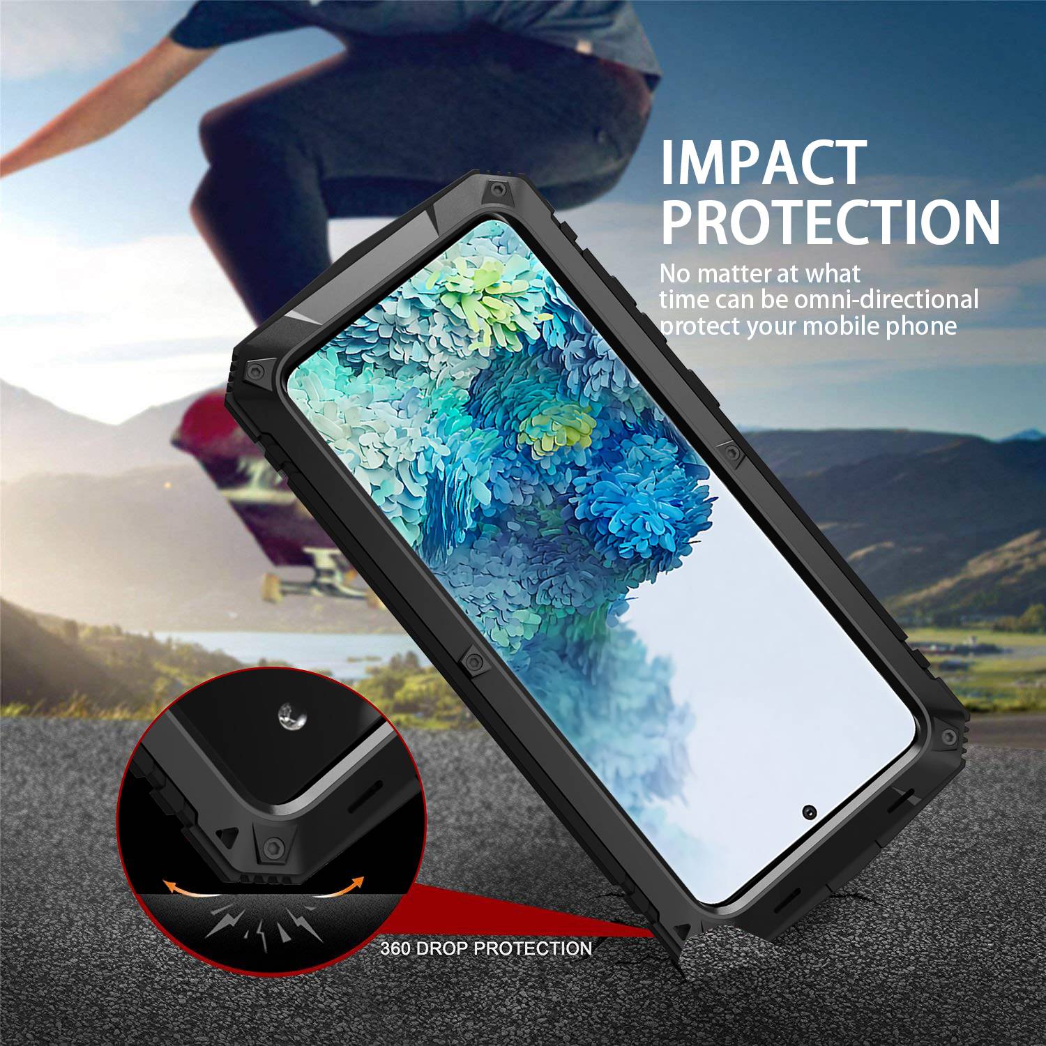 R-JUST For Samsung Galaxy S20 Plus 4G / 5G Dust-proof Splash-proof Drop-proof Phone Case Metal + Silicone + PC Kickstand Feature Cover with Tempered Glass Film - Black