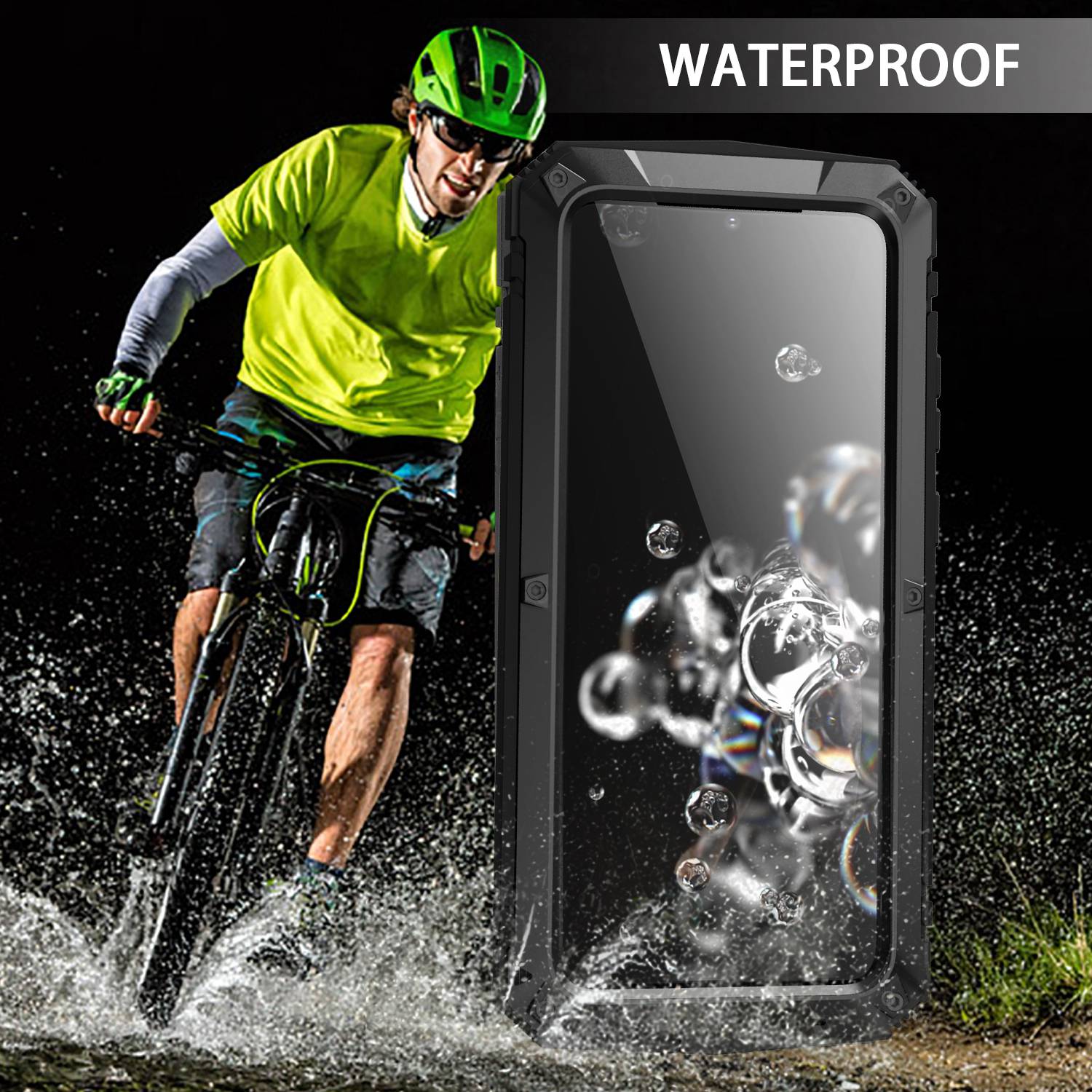 R-JUST For Samsung Galaxy S20 Plus 4G / 5G Dust-proof Splash-proof Drop-proof Phone Case Metal + Silicone + PC Kickstand Feature Cover with Tempered Glass Film - Black