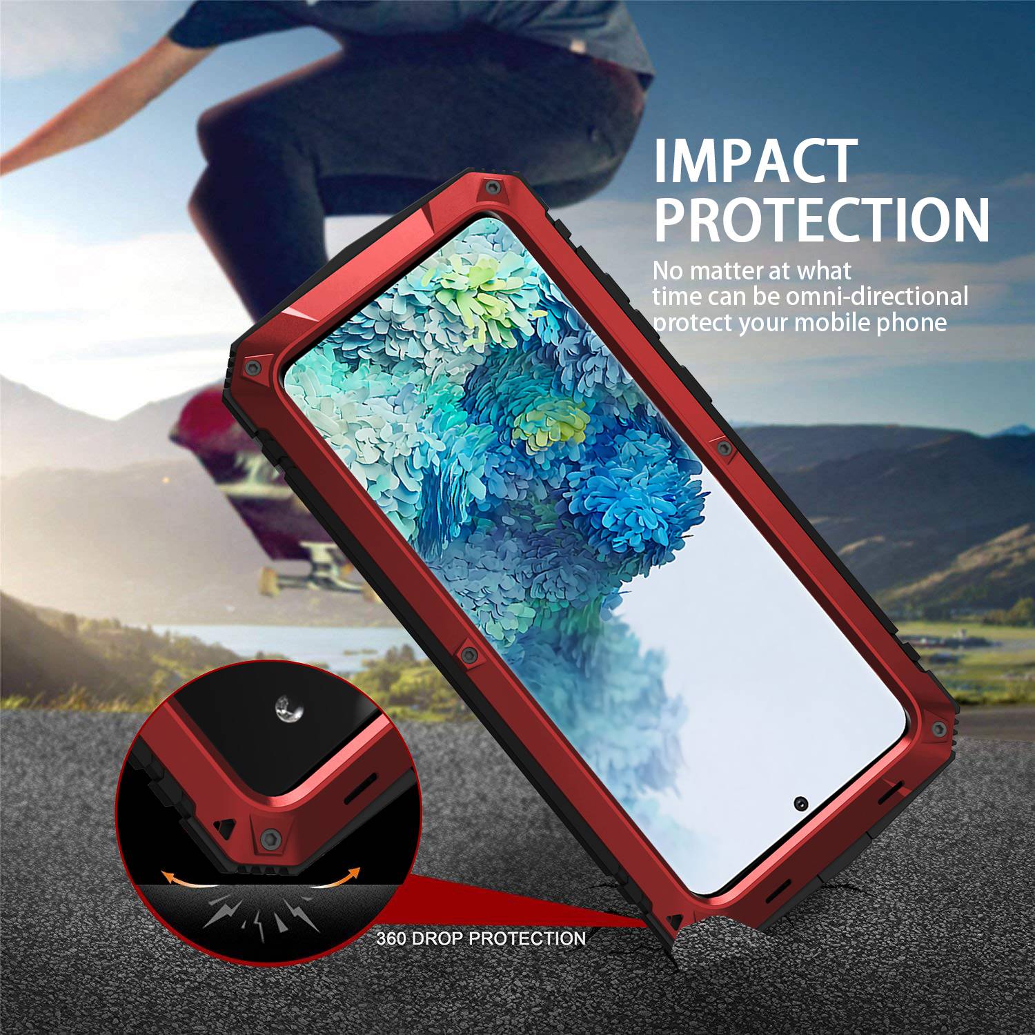 R-JUST For Samsung Galaxy S20 Plus 4G / 5G Dust-proof Splash-proof Drop-proof Phone Case Metal + Silicone + PC Kickstand Feature Cover with Tempered Glass Film - Red