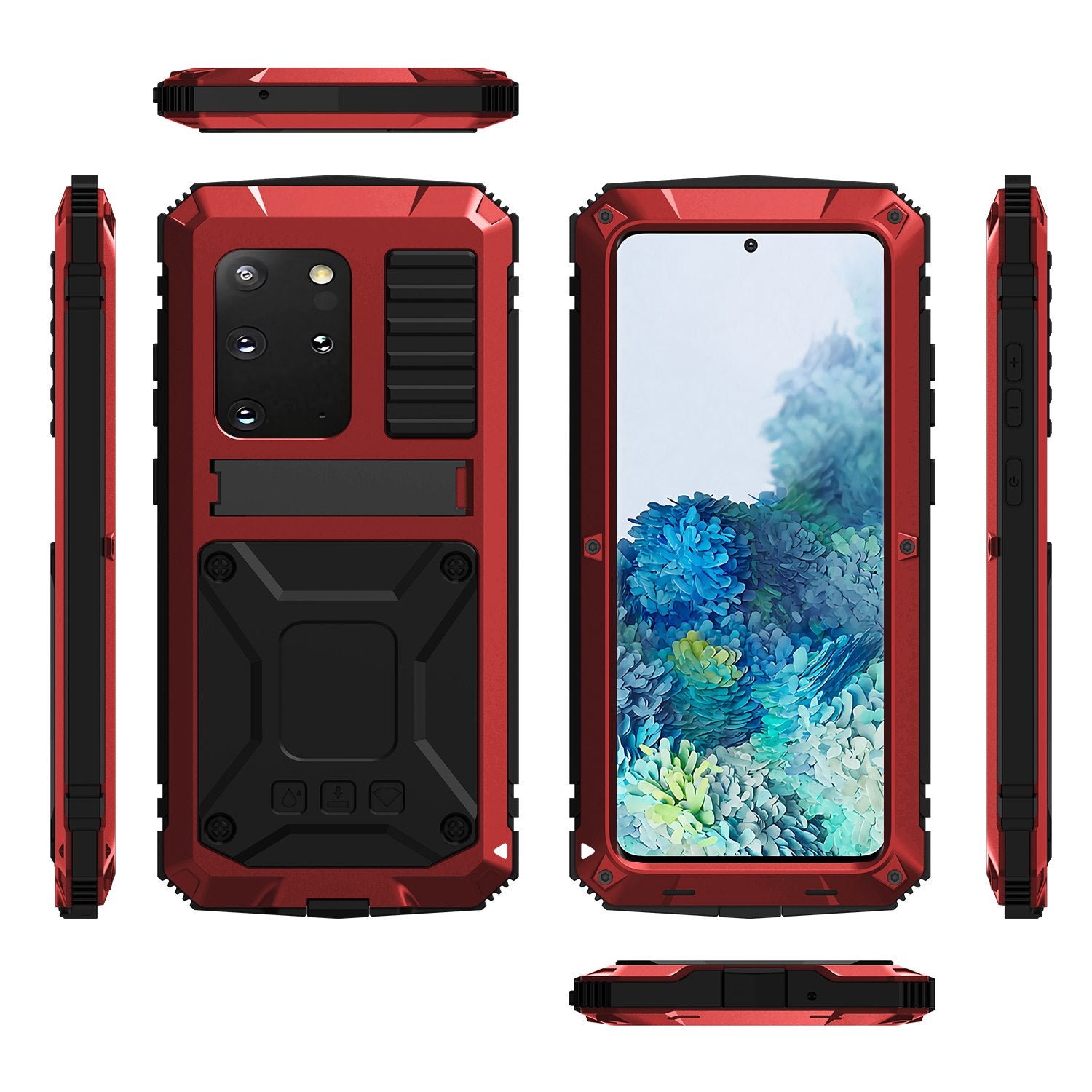 R-JUST For Samsung Galaxy S20 Plus 4G / 5G Dust-proof Splash-proof Drop-proof Phone Case Metal + Silicone + PC Kickstand Feature Cover with Tempered Glass Film - Red