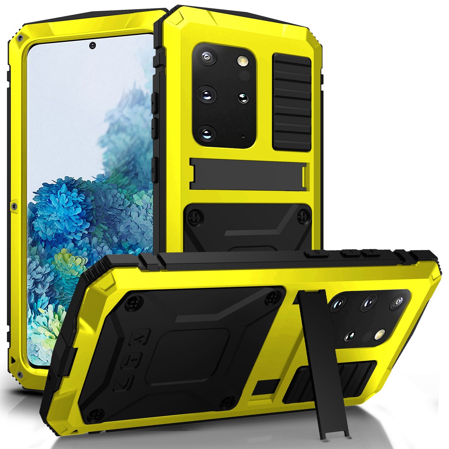 R-JUST For Samsung Galaxy S20 Plus 4G / 5G Dust-proof Splash-proof Drop-proof Phone Case Metal + Silicone + PC Kickstand Feature Cover with Tempered Glass Film - Yellow