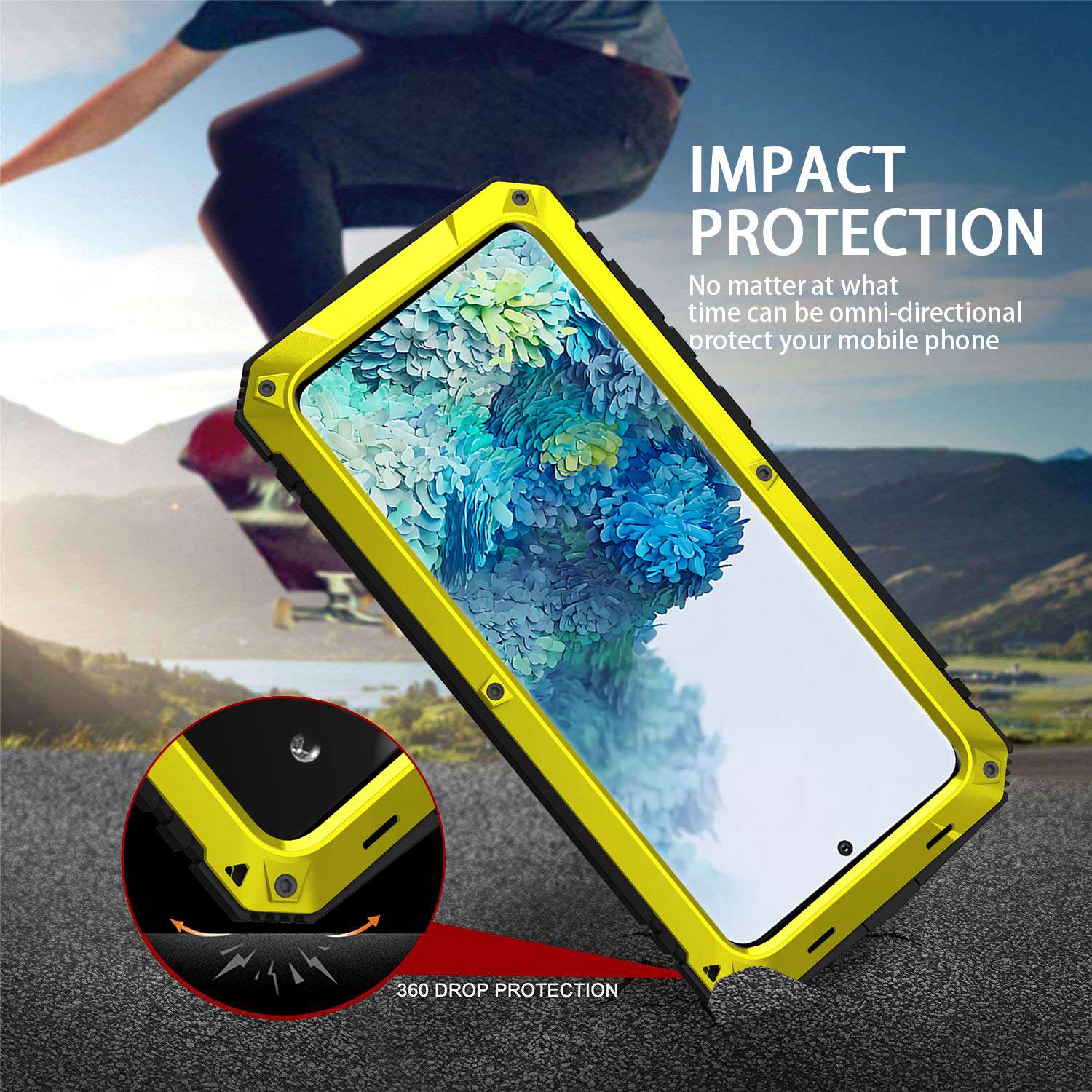 R-JUST For Samsung Galaxy S20 Plus 4G / 5G Dust-proof Splash-proof Drop-proof Phone Case Metal + Silicone + PC Kickstand Feature Cover with Tempered Glass Film - Yellow