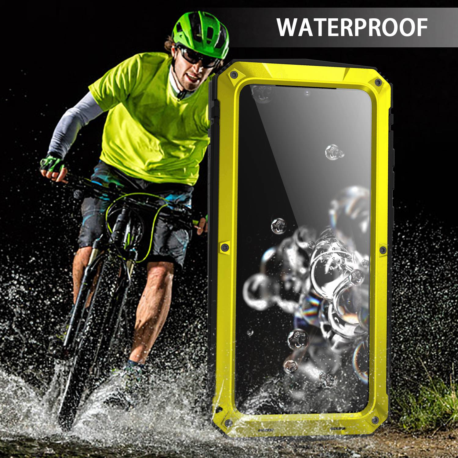 R-JUST For Samsung Galaxy S20 Plus 4G / 5G Dust-proof Splash-proof Drop-proof Phone Case Metal + Silicone + PC Kickstand Feature Cover with Tempered Glass Film - Yellow