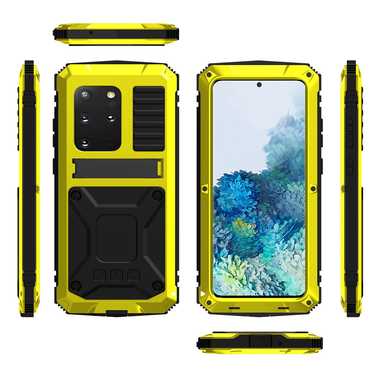 R-JUST For Samsung Galaxy S20 Plus 4G / 5G Dust-proof Splash-proof Drop-proof Phone Case Metal + Silicone + PC Kickstand Feature Cover with Tempered Glass Film - Yellow